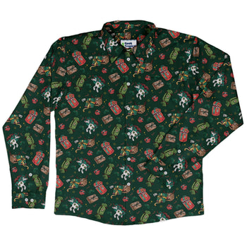 Present Mimics Green Long Sleeve Button Up Shirt Geek Nerd adult sizing Christmas Print Design by Ardi Tong