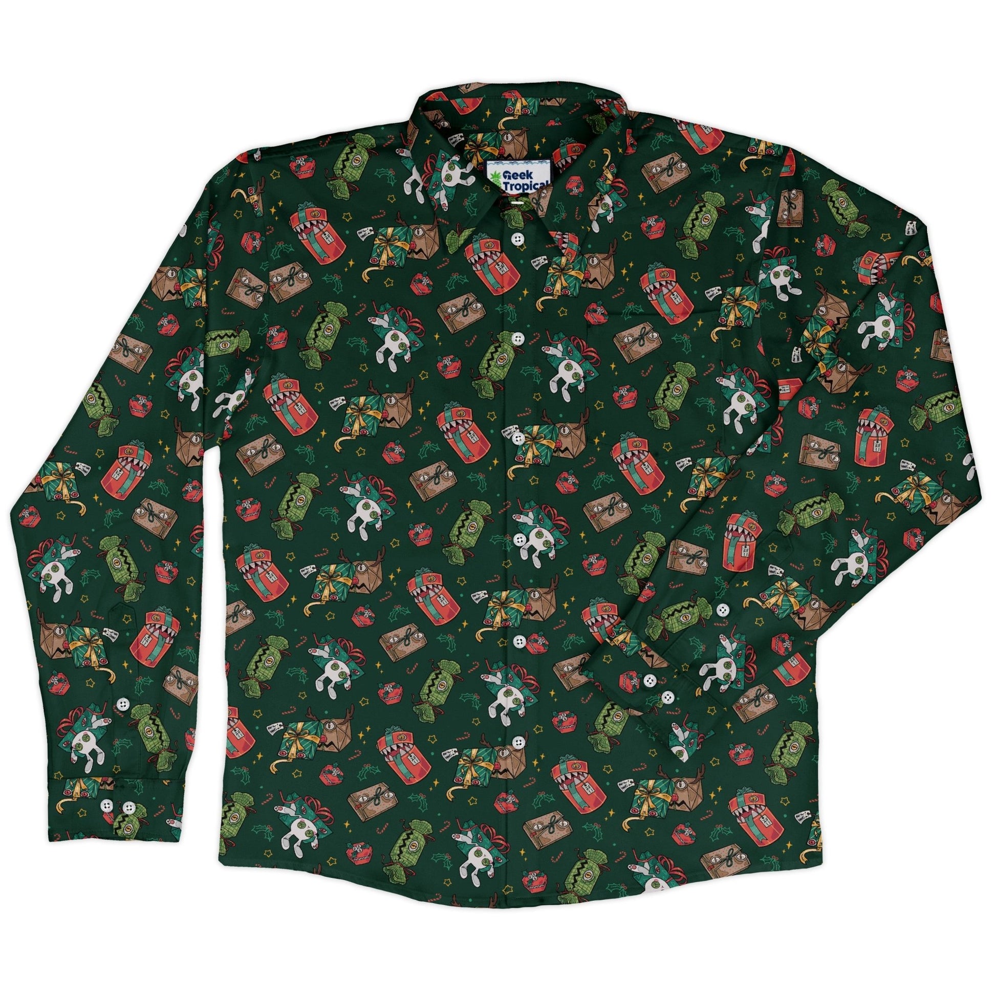 Present Mimics Green Long Sleeve Button Up Shirt Geek Nerd adult sizing Christmas Print Design by Ardi Tong