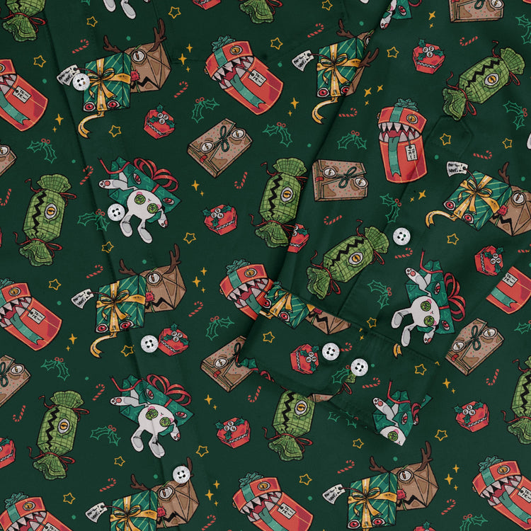 Present Mimics Green Long Sleeve Button Up Shirt Geek Nerd adult sizing Christmas Print Design by Ardi Tong