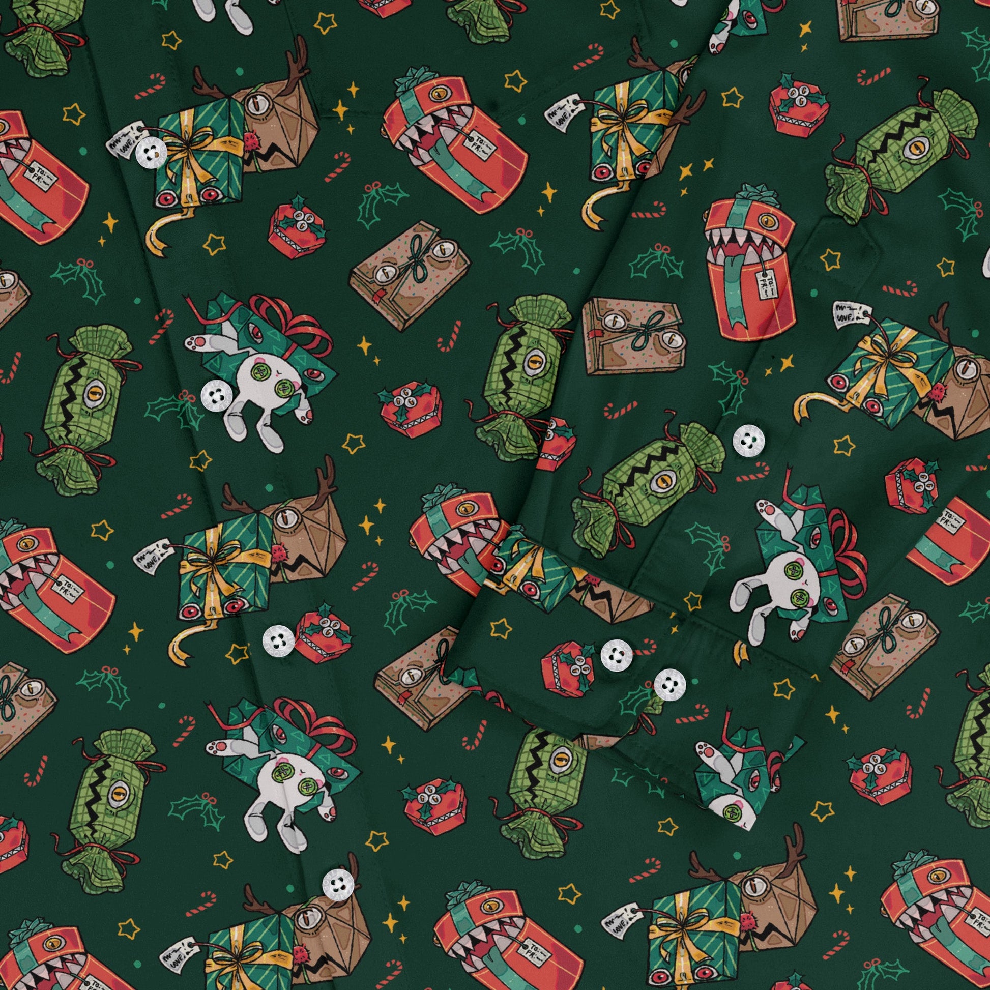 Present Mimics Green Long Sleeve Button Up Shirt Geek Nerd adult sizing Christmas Print Design by Ardi Tong