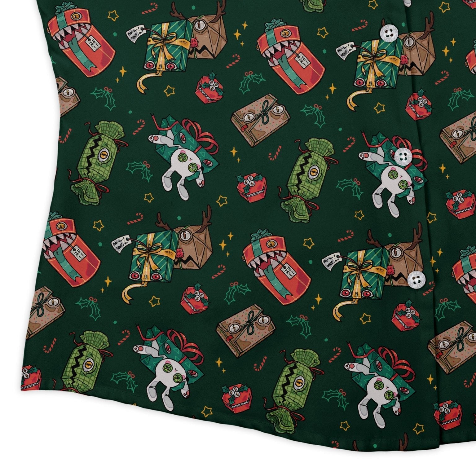 Present Mimics Green Curvy Button Up Shirt Geek Nerd Christmas Print Design by Ardi Tong dnd & rpg print