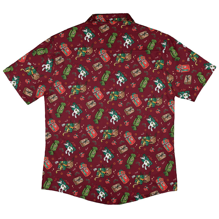 Present Mimics Red Button Up Shirt Geek Nerd adult sizing Christmas Print Design by Ardi Tong