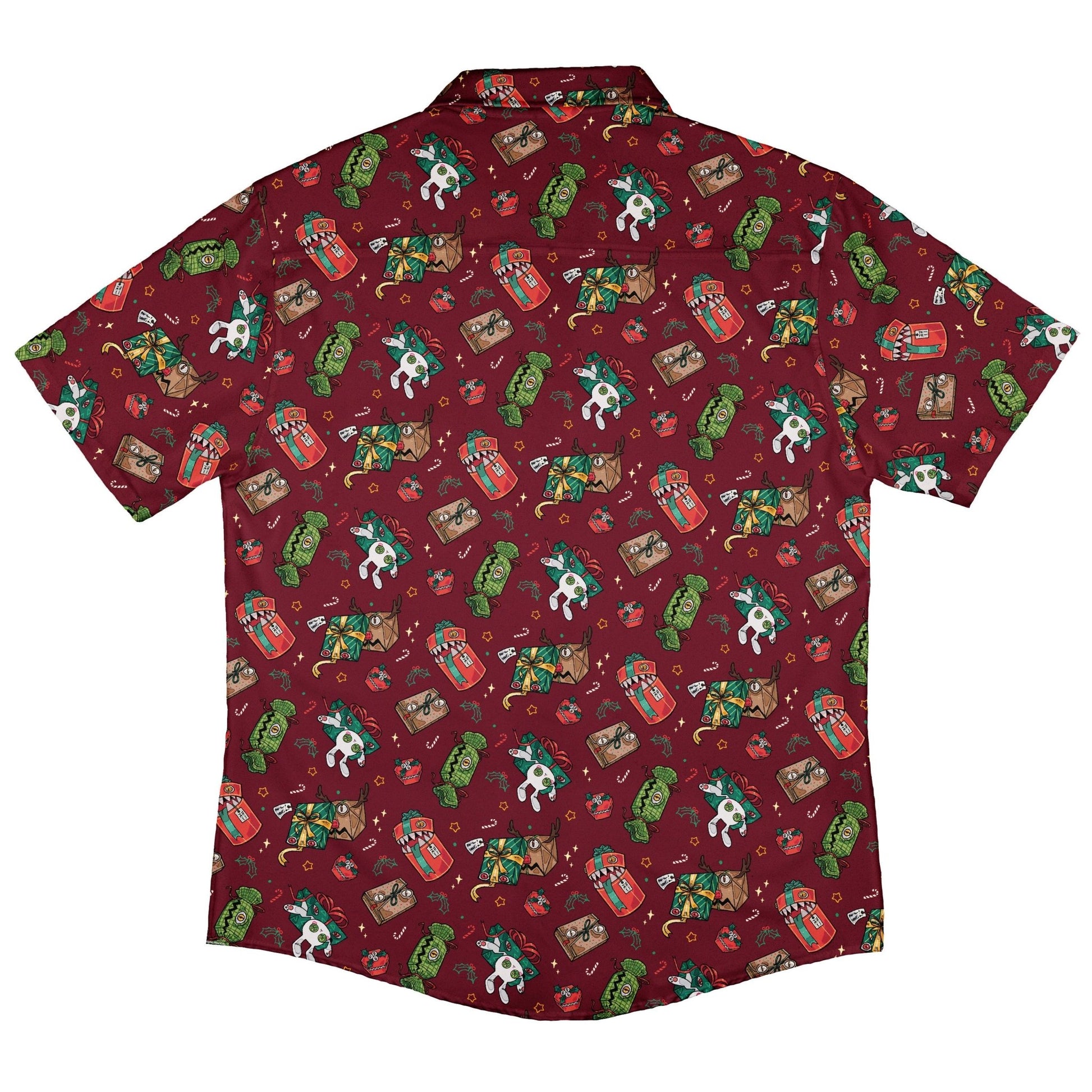 Present Mimics Red Button Up Shirt Geek Nerd adult sizing Christmas Print Design by Ardi Tong