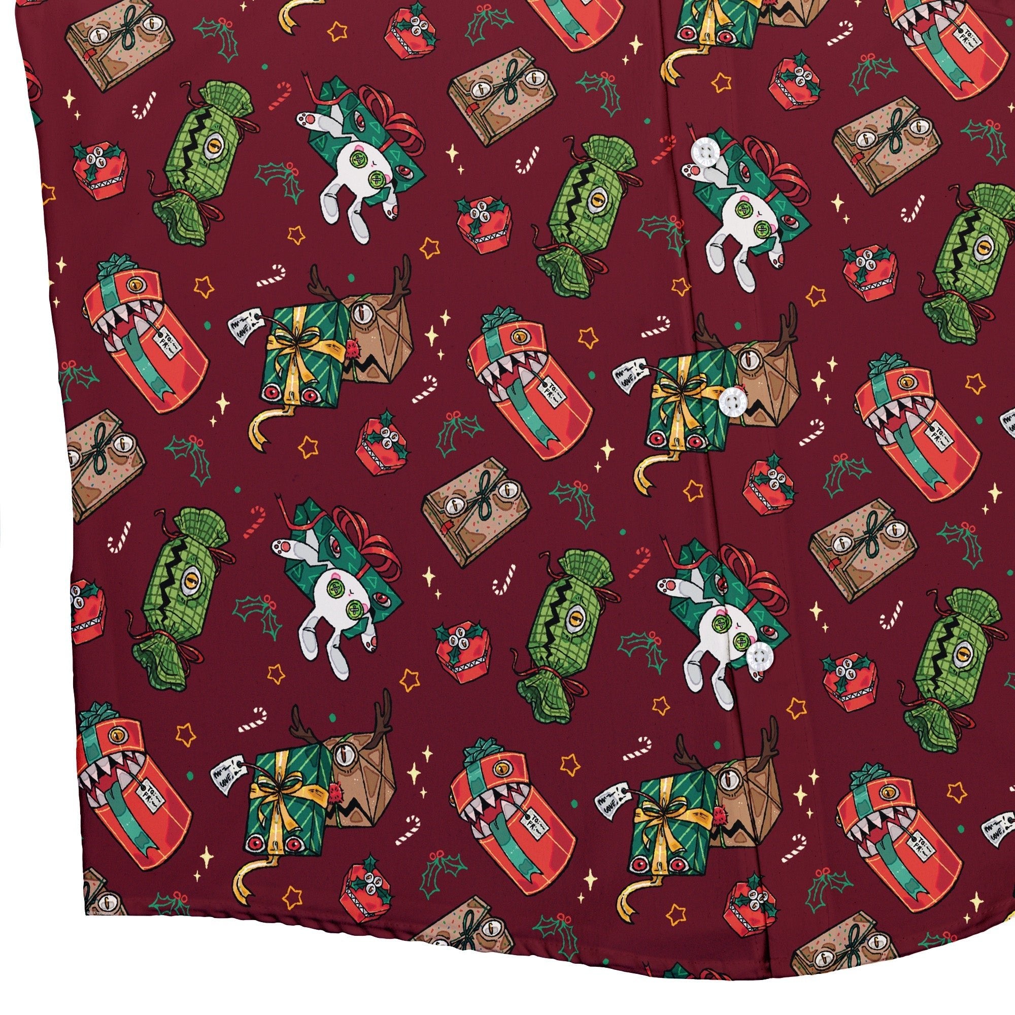 Present Mimics Red Button Up Shirt Geek Nerd adult sizing Christmas Print Design by Ardi Tong