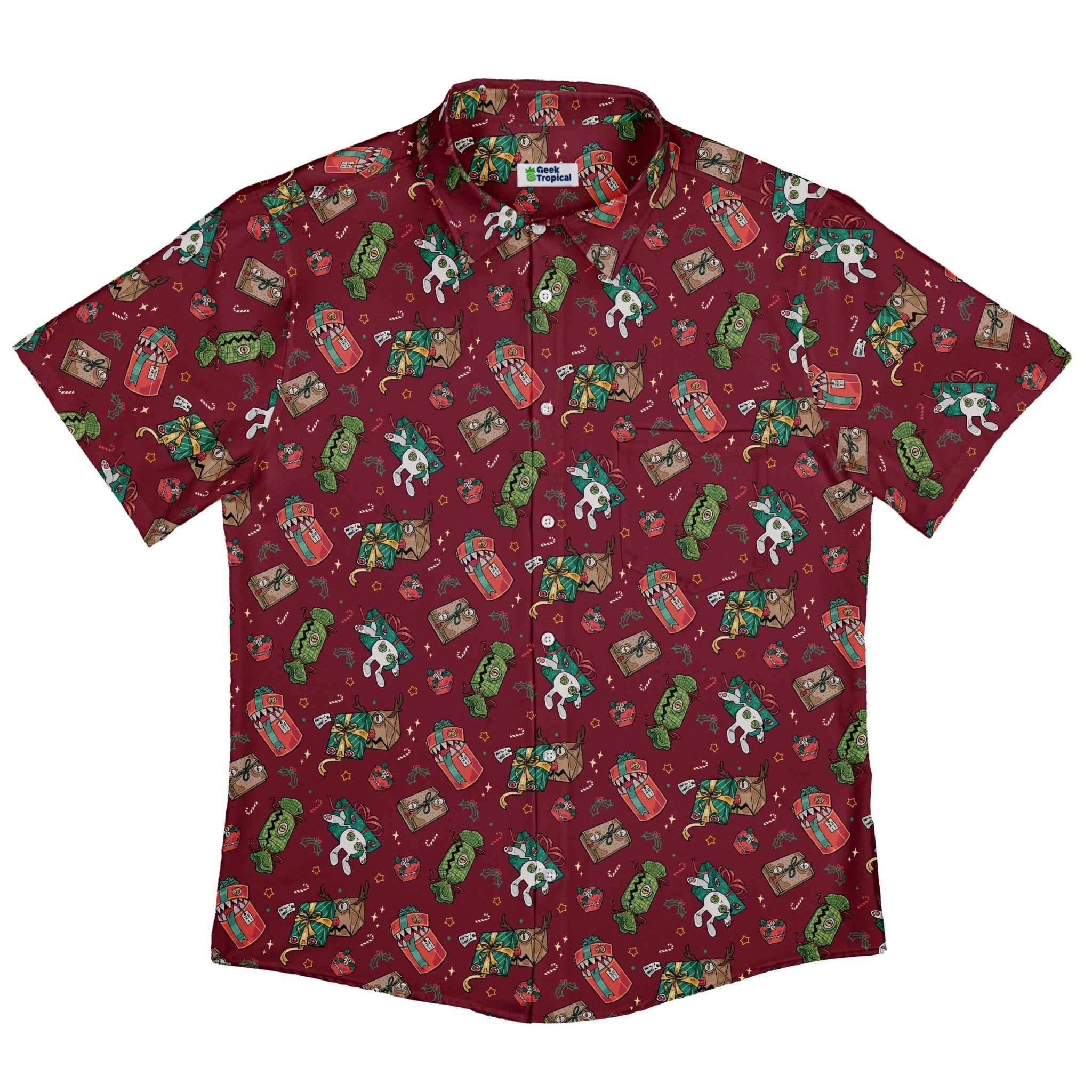 Present Mimics Red Button Up Shirt Geek Nerd adult sizing Christmas Print Design by Ardi Tong