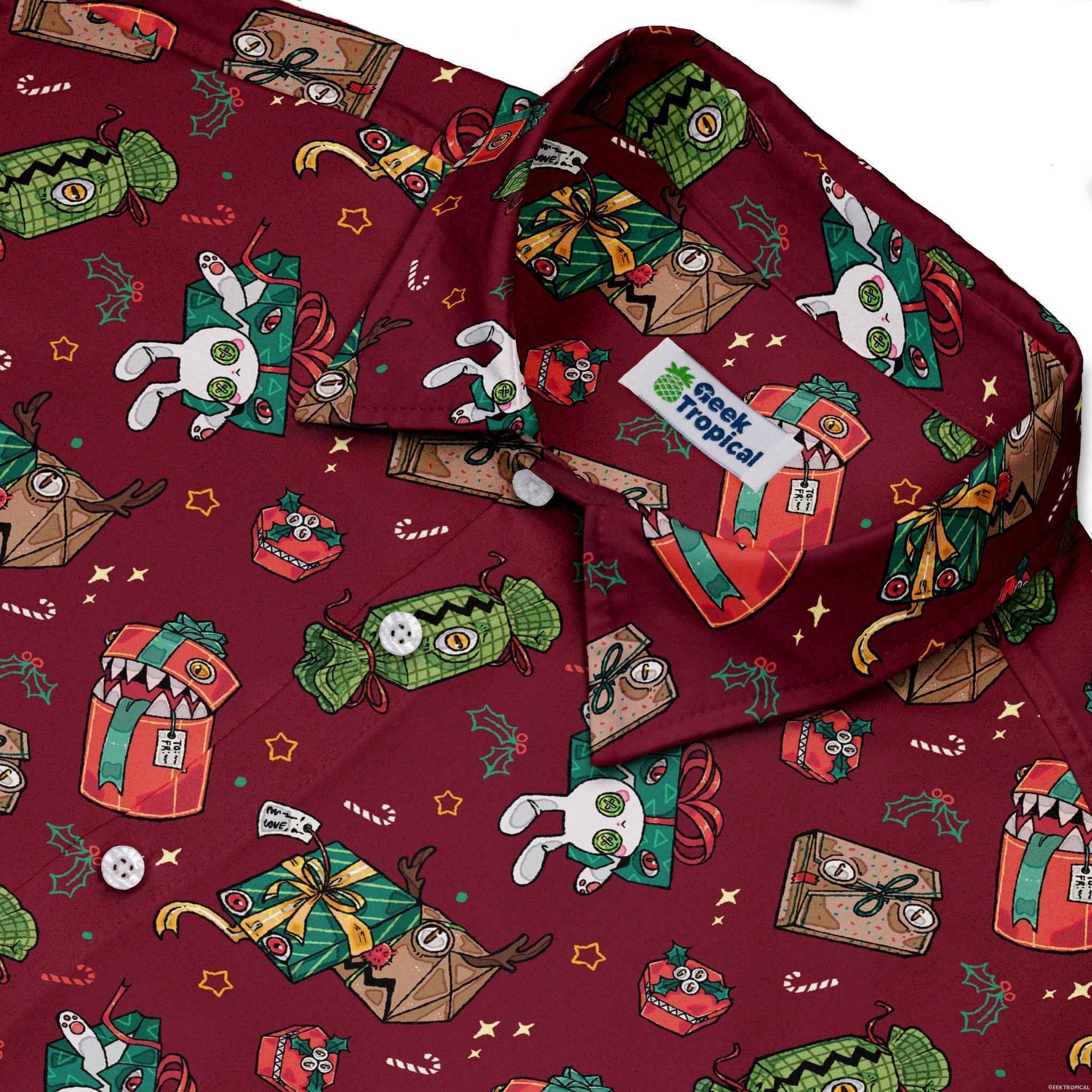 Present Mimics Red Button Up Shirt Geek Nerd adult sizing Christmas Print Design by Ardi Tong