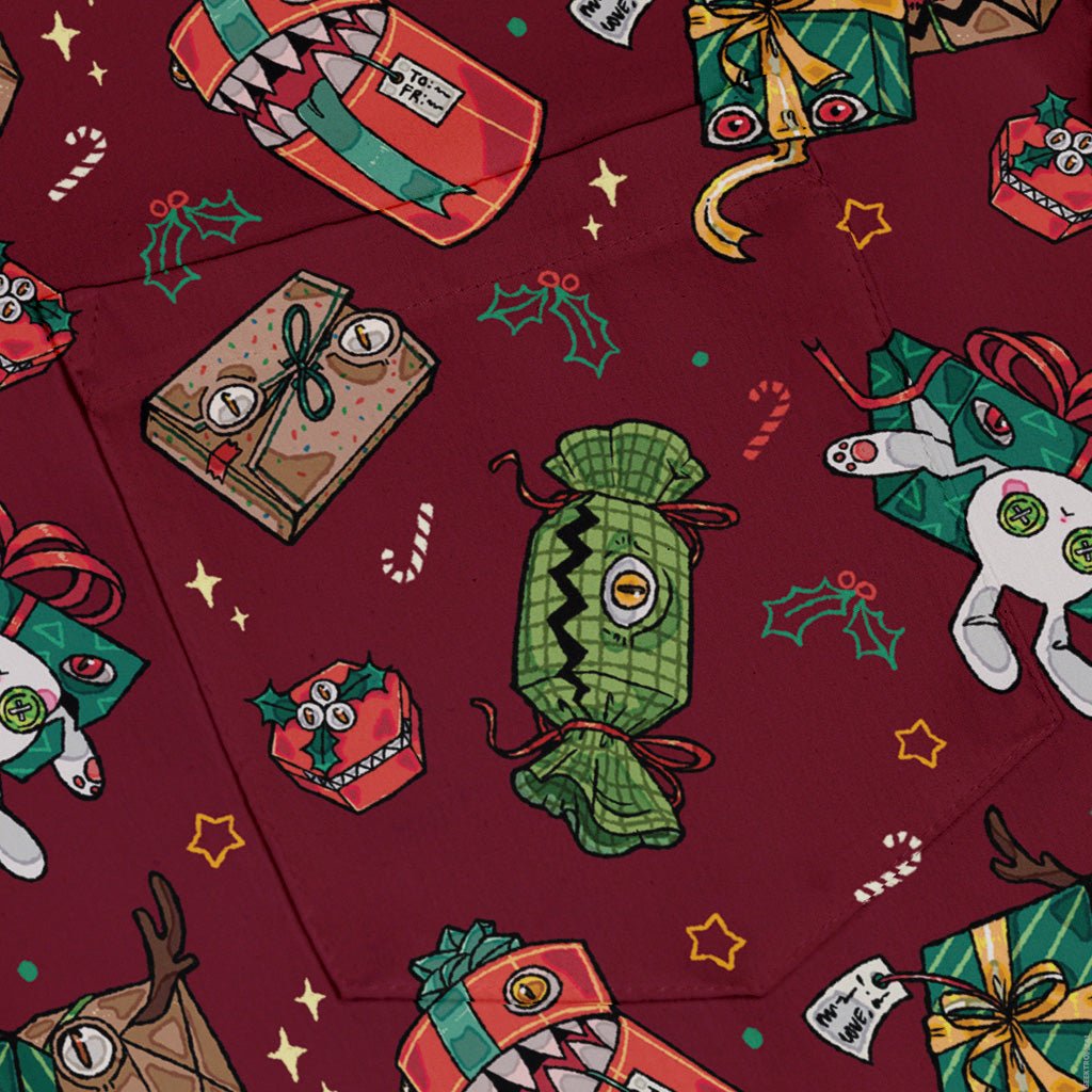 Present Mimics Red Button Up Shirt Geek Nerd adult sizing Christmas Print Design by Ardi Tong