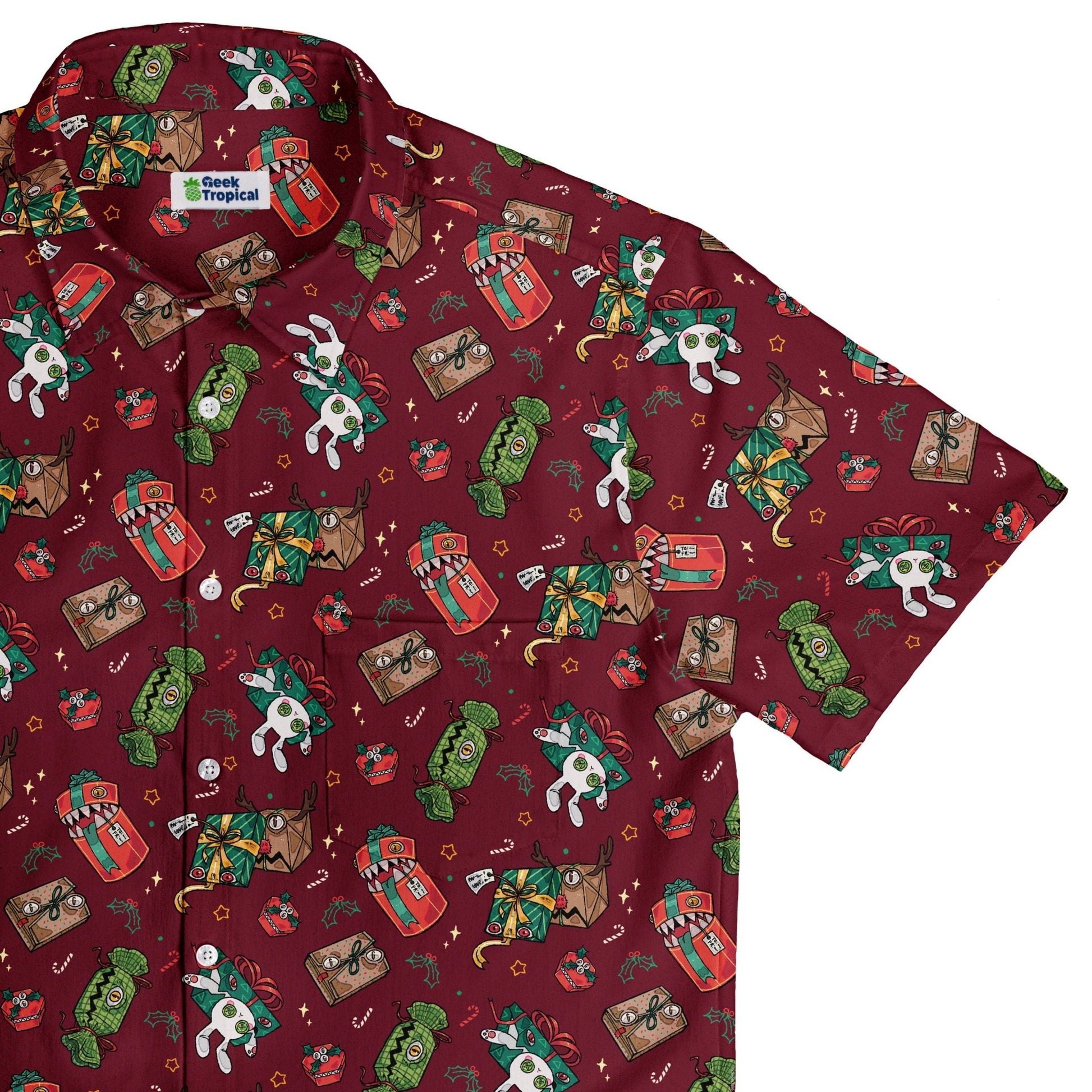 Present Mimics Red Button Up Shirt Geek Nerd adult sizing Christmas Print Design by Ardi Tong