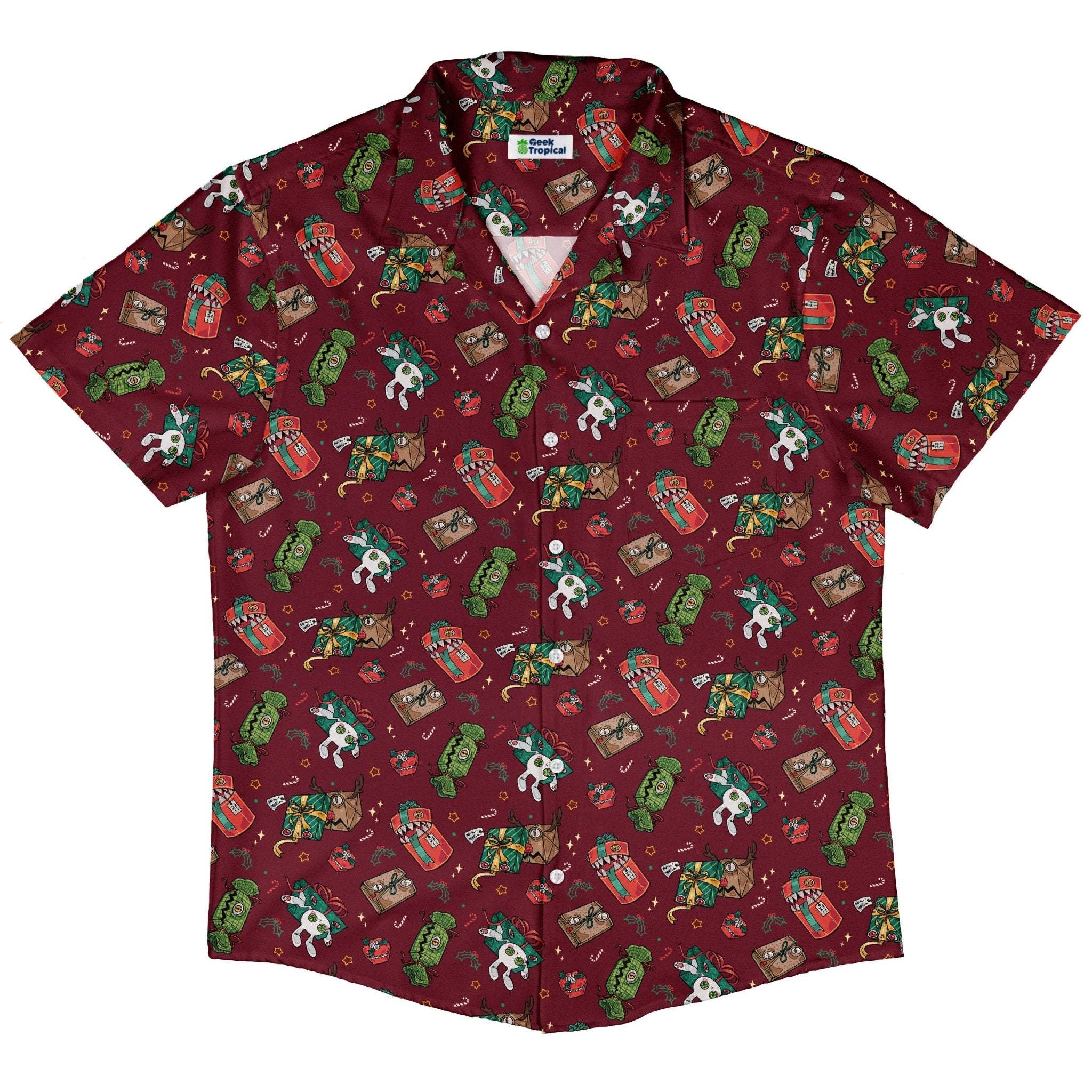 Present Mimics Red Button Up Shirt Geek Nerd adult sizing Christmas Print Design by Ardi Tong