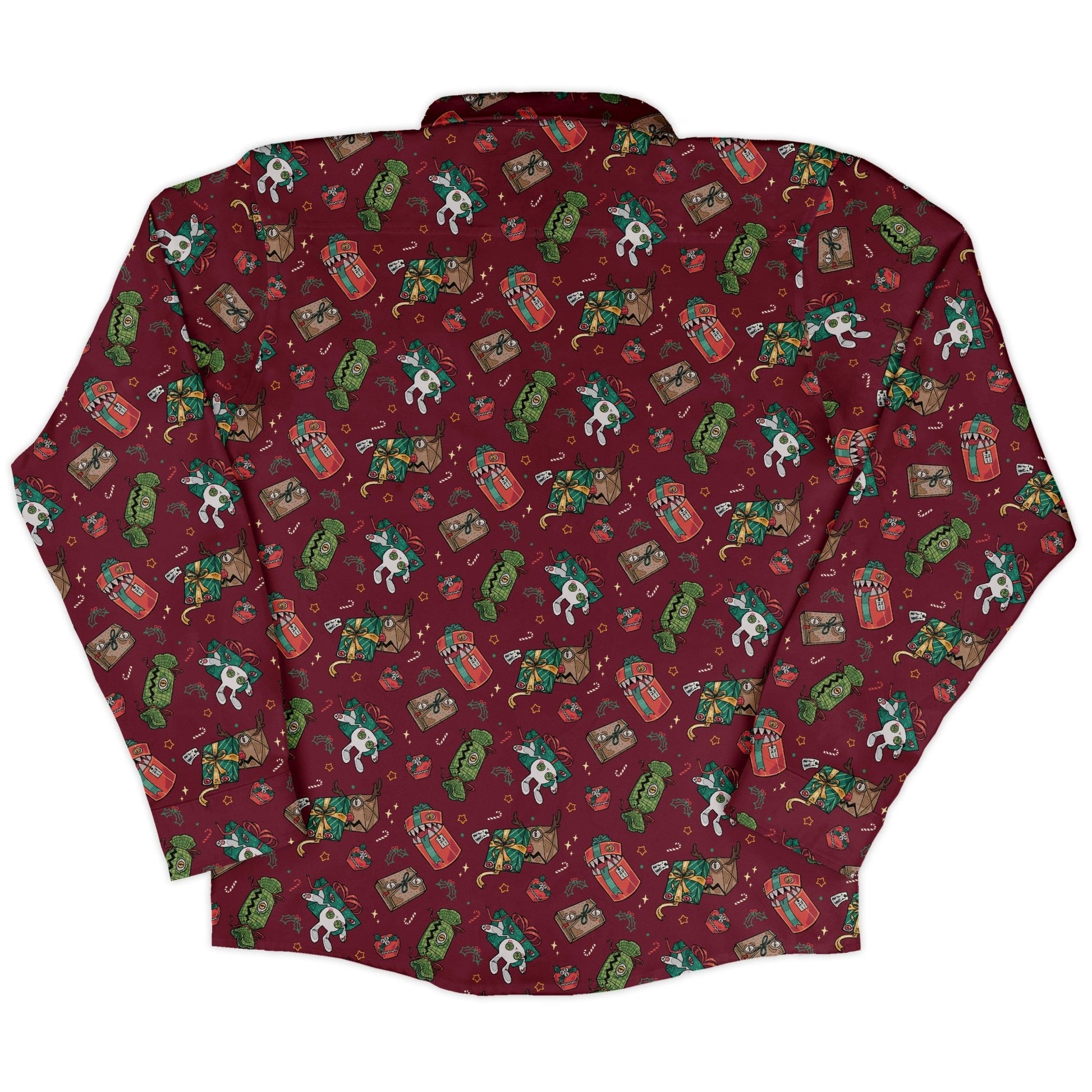 Present Mimics Red Long Sleeve Button Up Shirt Geek Nerd adult sizing Christmas Print Design by Ardi Tong