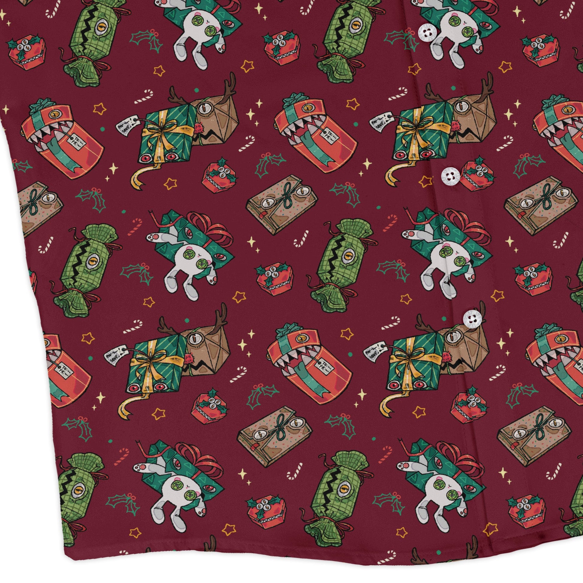 Present Mimics Red Long Sleeve Button Up Shirt Geek Nerd adult sizing Christmas Print Design by Ardi Tong