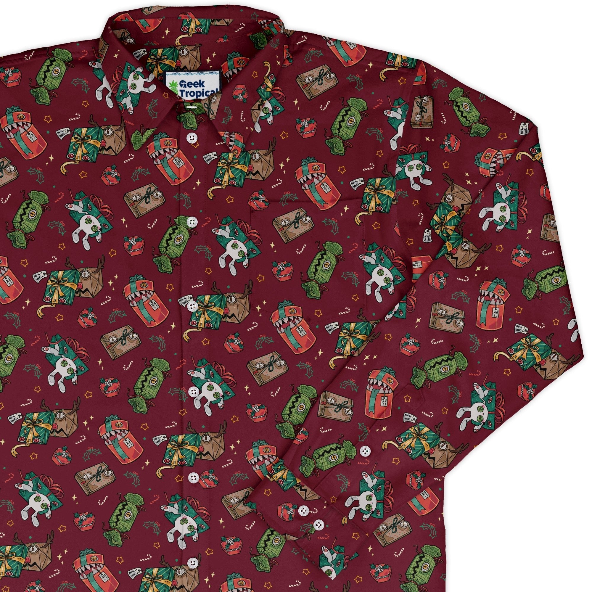 Present Mimics Red Long Sleeve Button Up Shirt Geek Nerd adult sizing Christmas Print Design by Ardi Tong