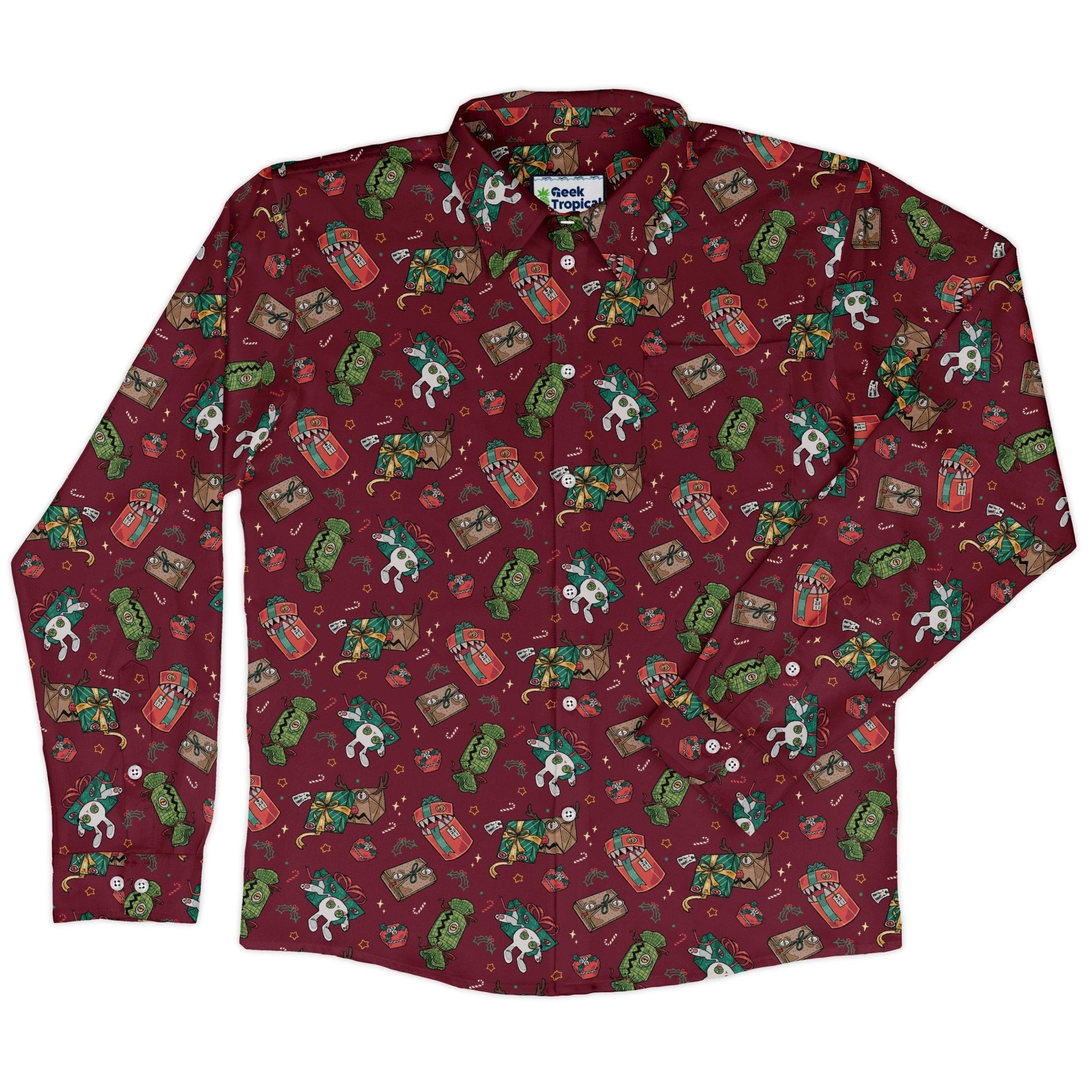 Present Mimics Red Long Sleeve Button Up Shirt Geek Nerd adult sizing Christmas Print Design by Ardi Tong