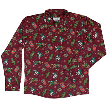 Present Mimics Red Long Sleeve Button Up Shirt Geek Nerd adult sizing Christmas Print Design by Ardi Tong