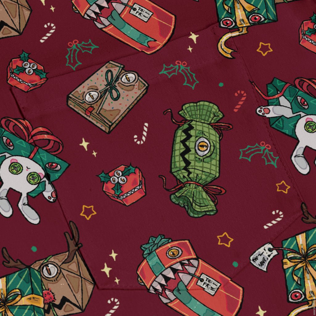 Present Mimics Red Long Sleeve Button Up Shirt Geek Nerd adult sizing Christmas Print Design by Ardi Tong