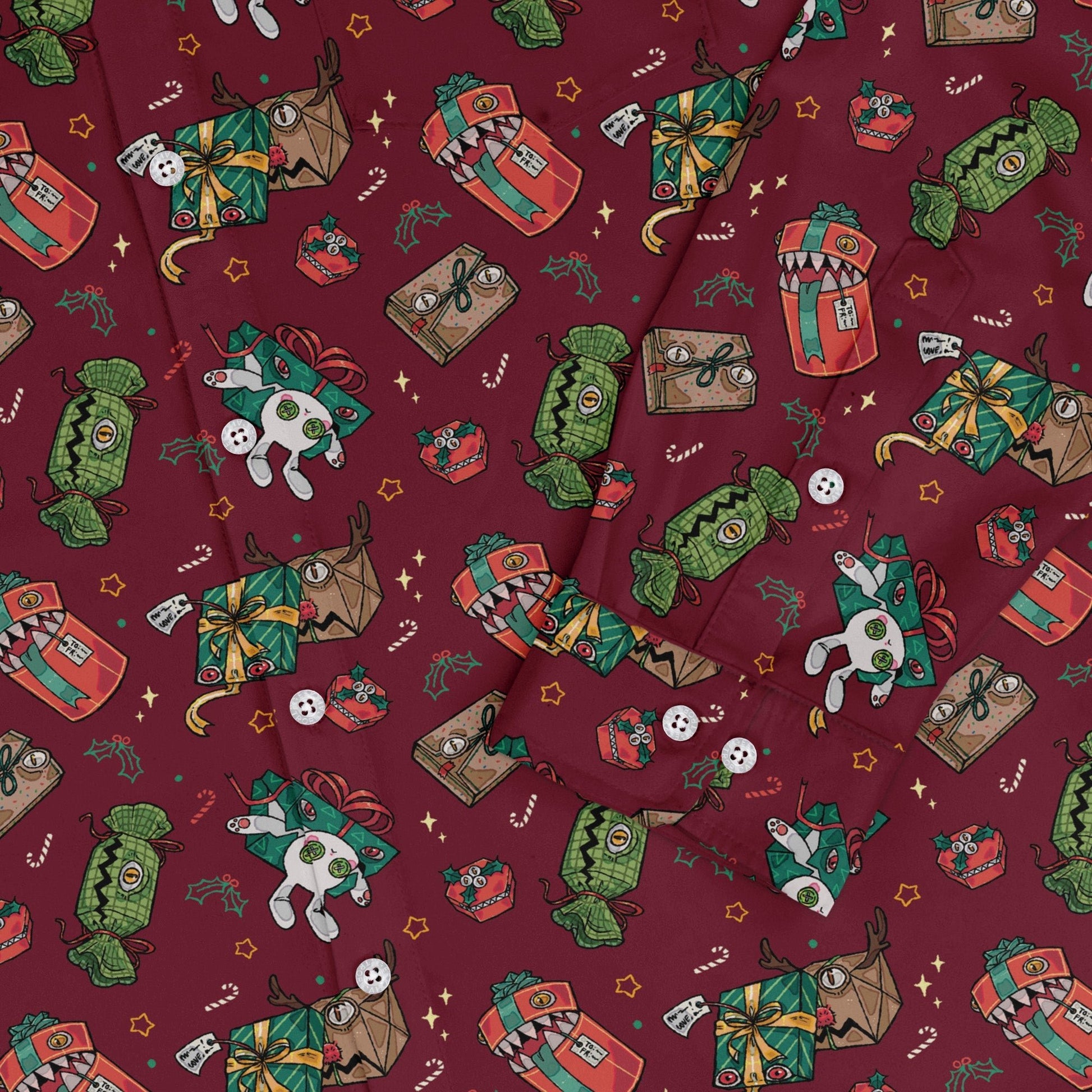 Present Mimics Red Long Sleeve Button Up Shirt Geek Nerd adult sizing Christmas Print Design by Ardi Tong