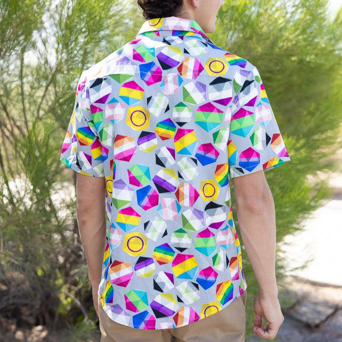 Roll with Pride LGBTQ Dice Dnd Button Up Shirt Geek Nerd adult sizing dnd & rpg print Maximalist Patterns