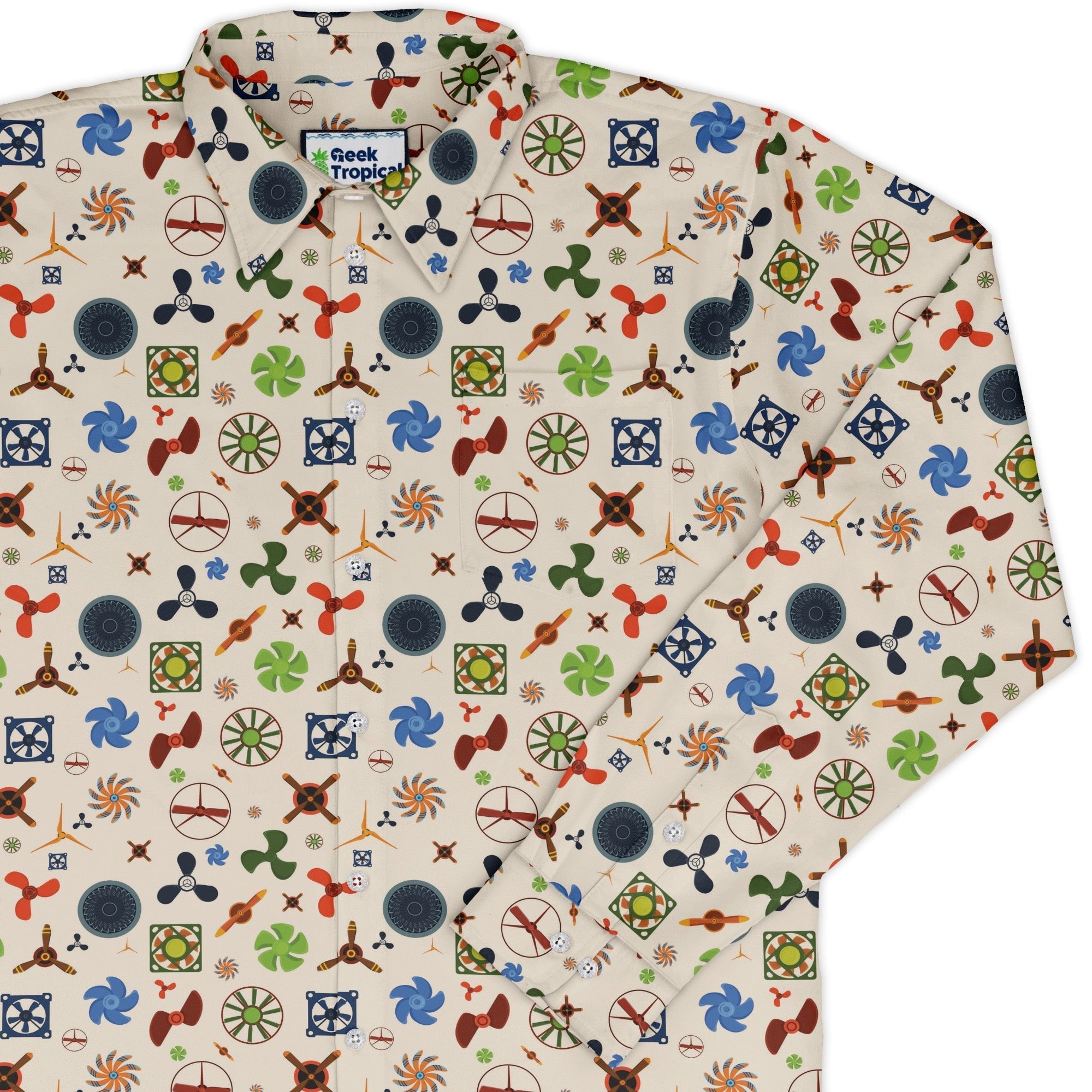 Propeller Party Tan Aviation Long Sleeve Button Up Shirt Geek Nerd adult sizing aviation print FLOW DESC WRITING