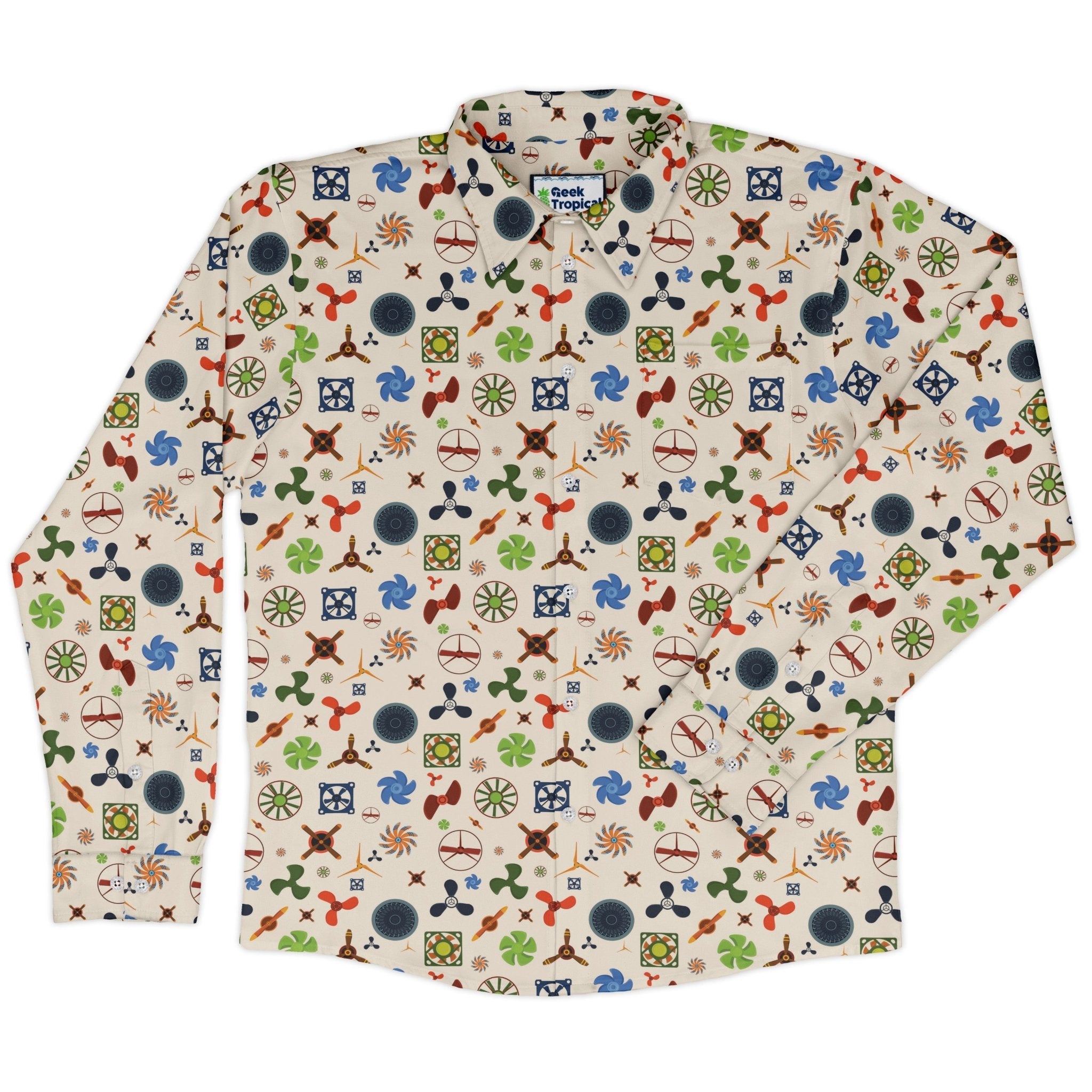 Propeller Party Tan Aviation Long Sleeve Button Up Shirt Geek Nerd adult sizing aviation print FLOW DESC WRITING