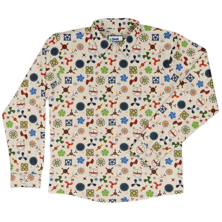 Propeller Party Tan Aviation Long Sleeve Button Up Shirt Geek Nerd adult sizing aviation print FLOW DESC WRITING