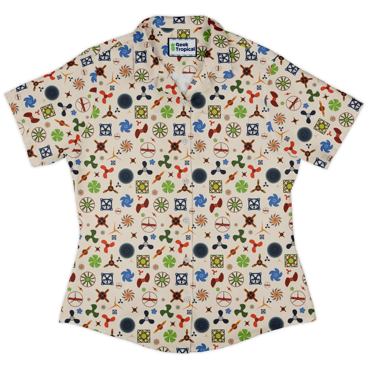 Propeller Party Tan Aviation Curvy Button Up Shirt Geek Nerd aviation print Simple Patterns women
