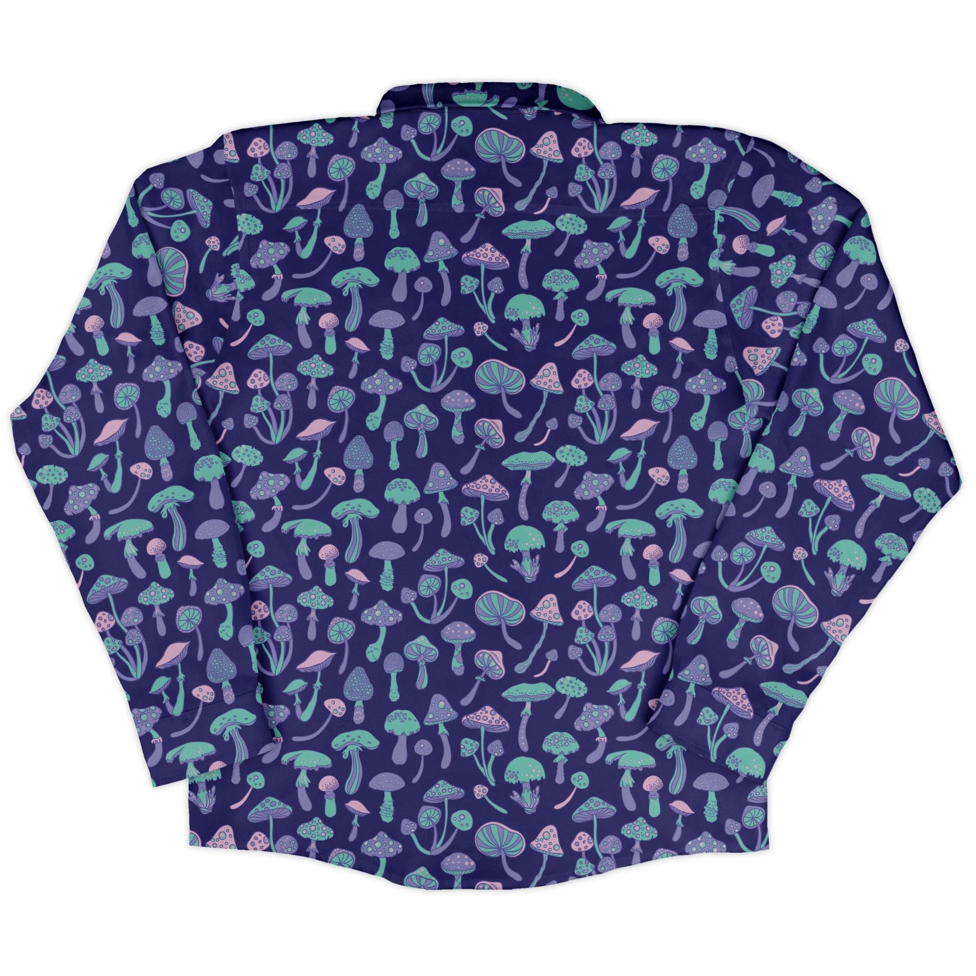 Psychedelic Mushrooms Long Sleeve Button Up Shirt Geek Nerd adult sizing Botany Print FLOW DESC WRITING