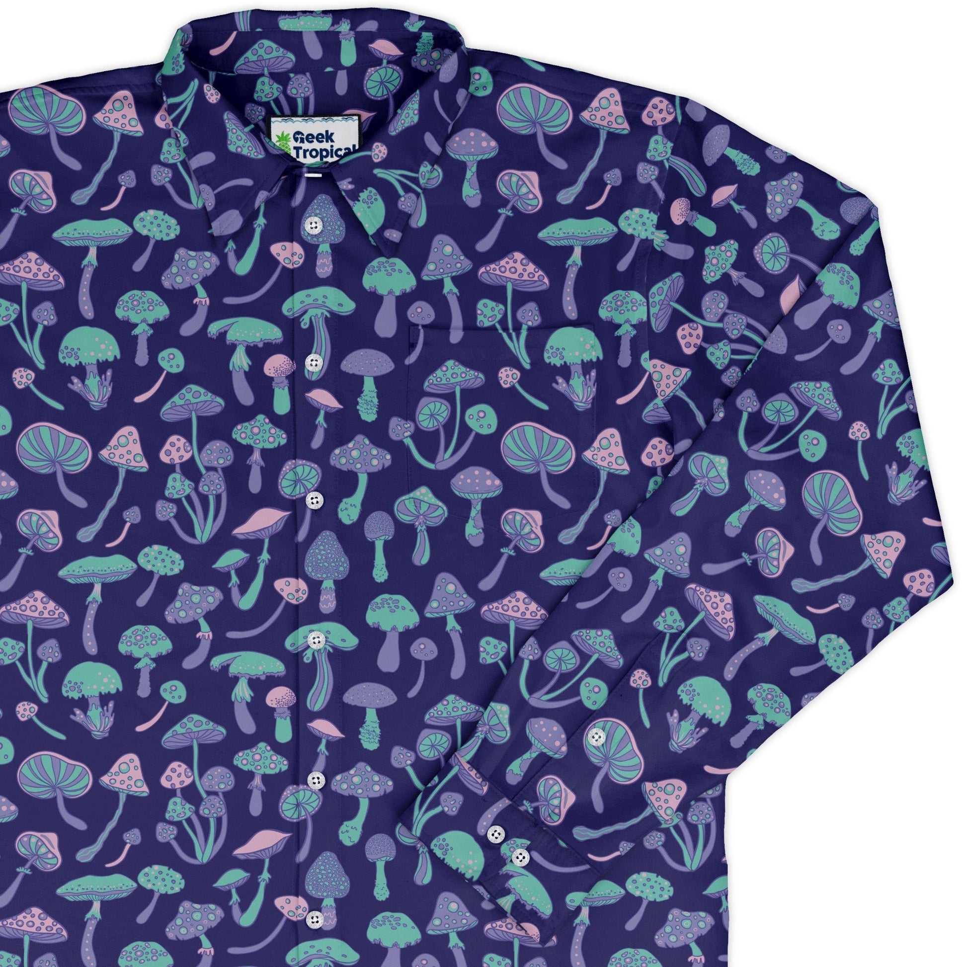 Psychedelic Mushrooms Long Sleeve Button Up Shirt Geek Nerd adult sizing Botany Print FLOW DESC WRITING