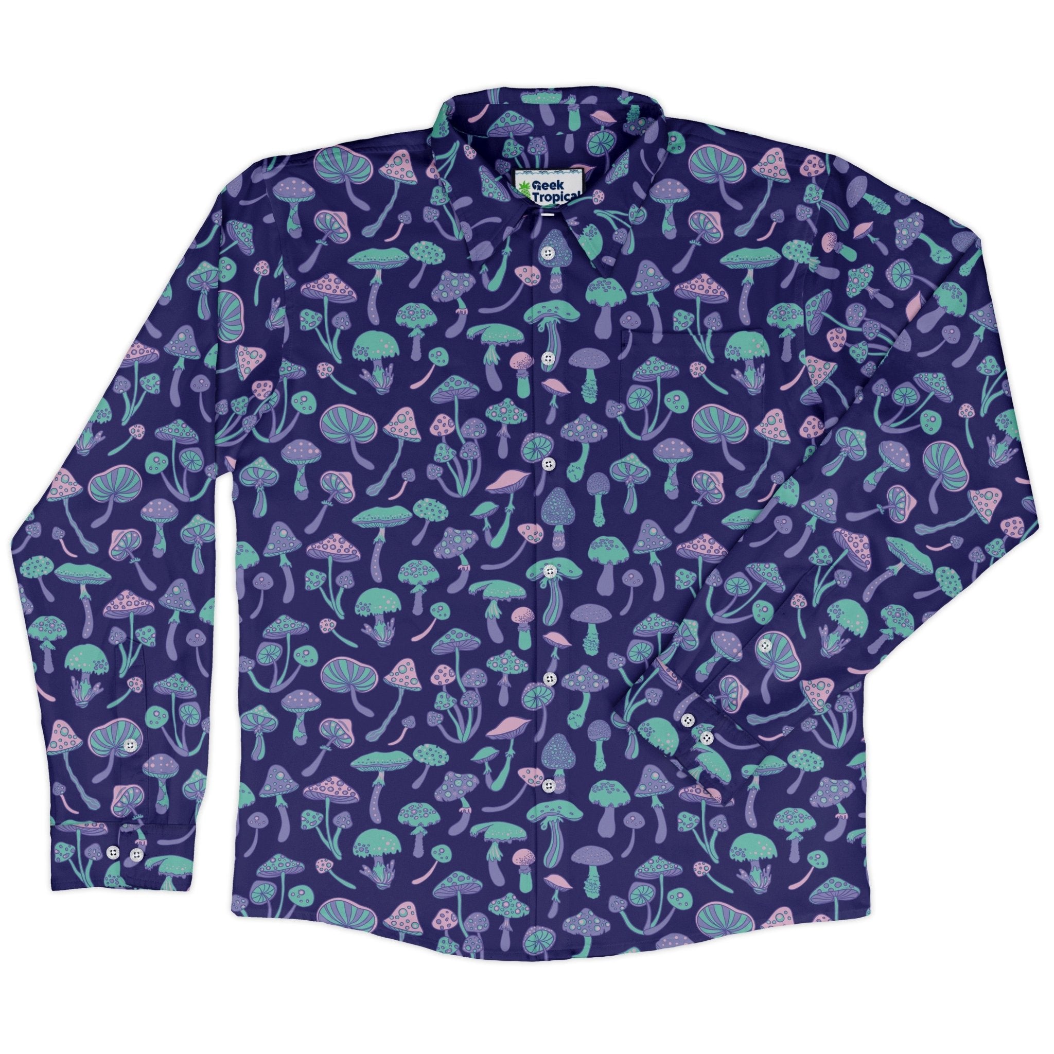 Psychedelic Mushrooms Long Sleeve Button Up Shirt Geek Nerd adult sizing Botany Print FLOW DESC WRITING