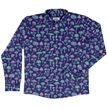 Psychedelic Mushrooms Long Sleeve Button Up Shirt Geek Nerd adult sizing Botany Print FLOW DESC WRITING
