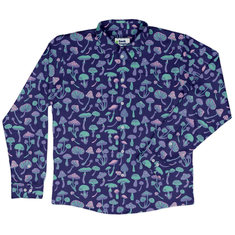 Psychedelic Mushrooms Long Sleeve Button Up Shirt Geek Nerd adult sizing Botany Print FLOW DESC WRITING