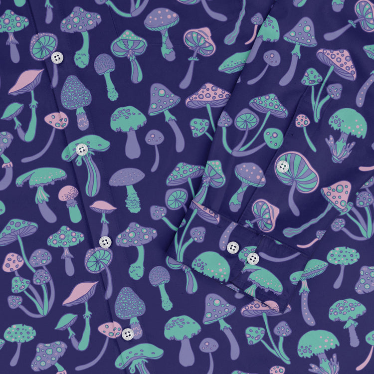 Psychedelic Mushrooms Long Sleeve Button Up Shirt Geek Nerd adult sizing Botany Print FLOW DESC WRITING