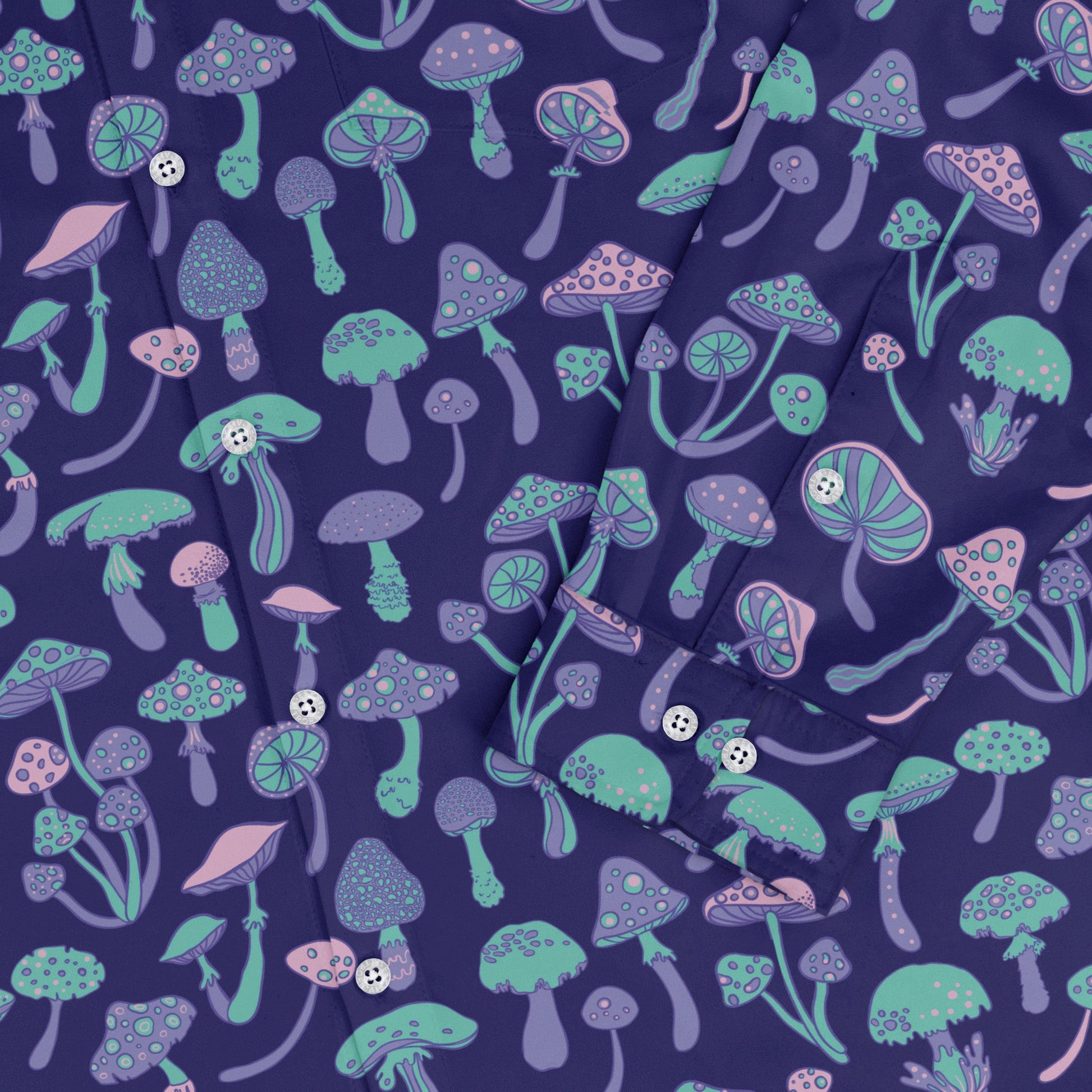 Psychedelic Mushrooms Long Sleeve Button Up Shirt Geek Nerd adult sizing Botany Print FLOW DESC WRITING