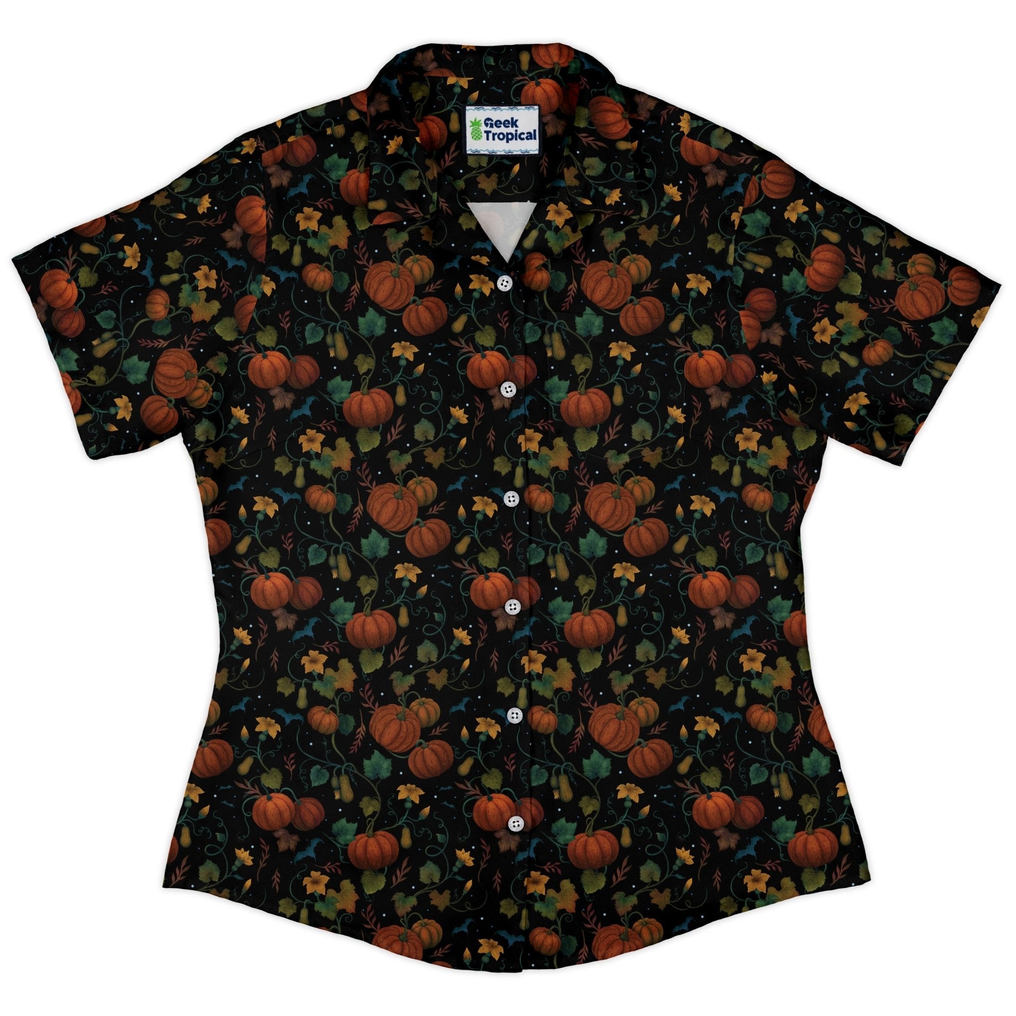 Pumpkin Bats Curvy Button Up Shirt Geek Nerd 0925 All Adult Button Up Shirts Animal Patterns