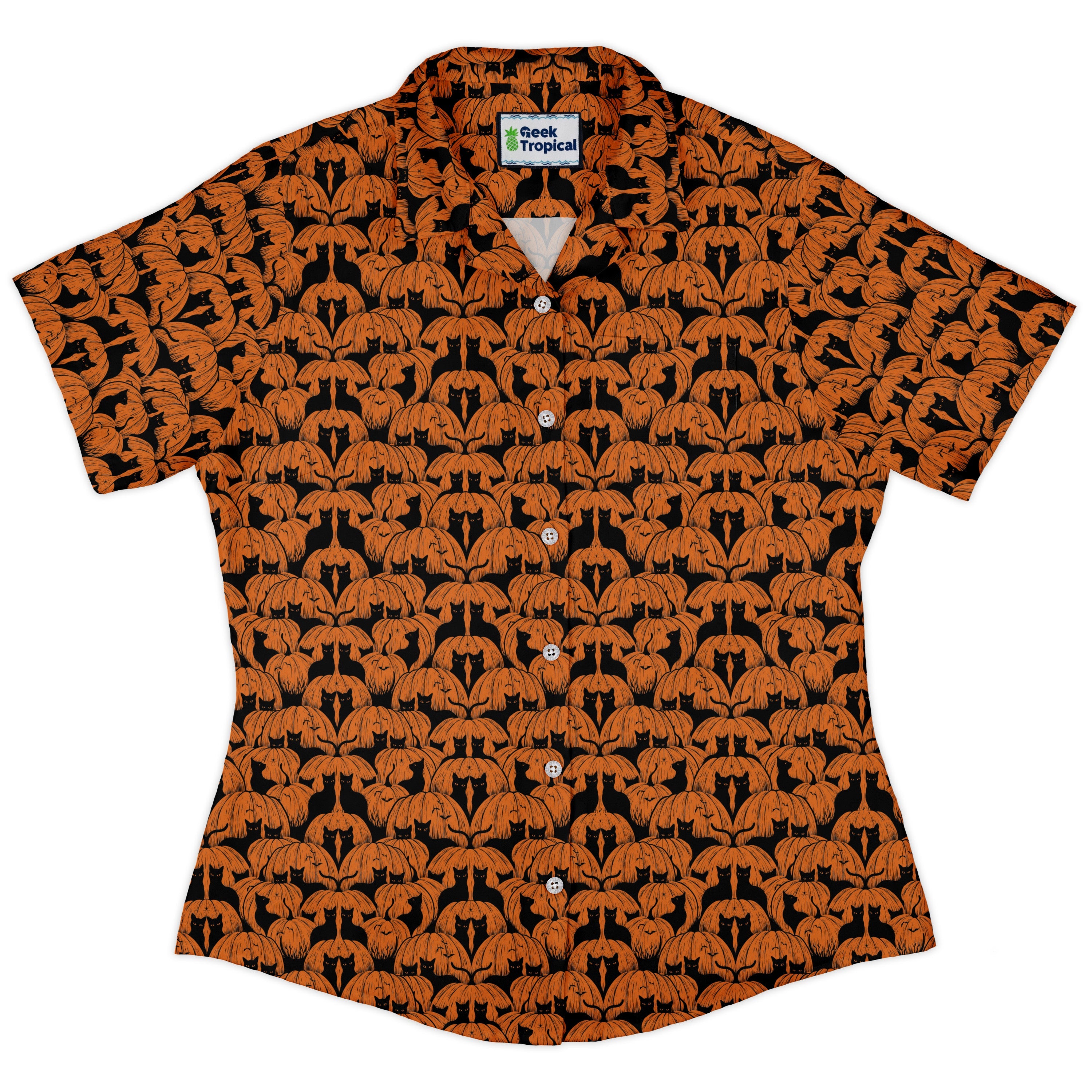 Pumpkin Cats Curvy Button Up Shirt womens front