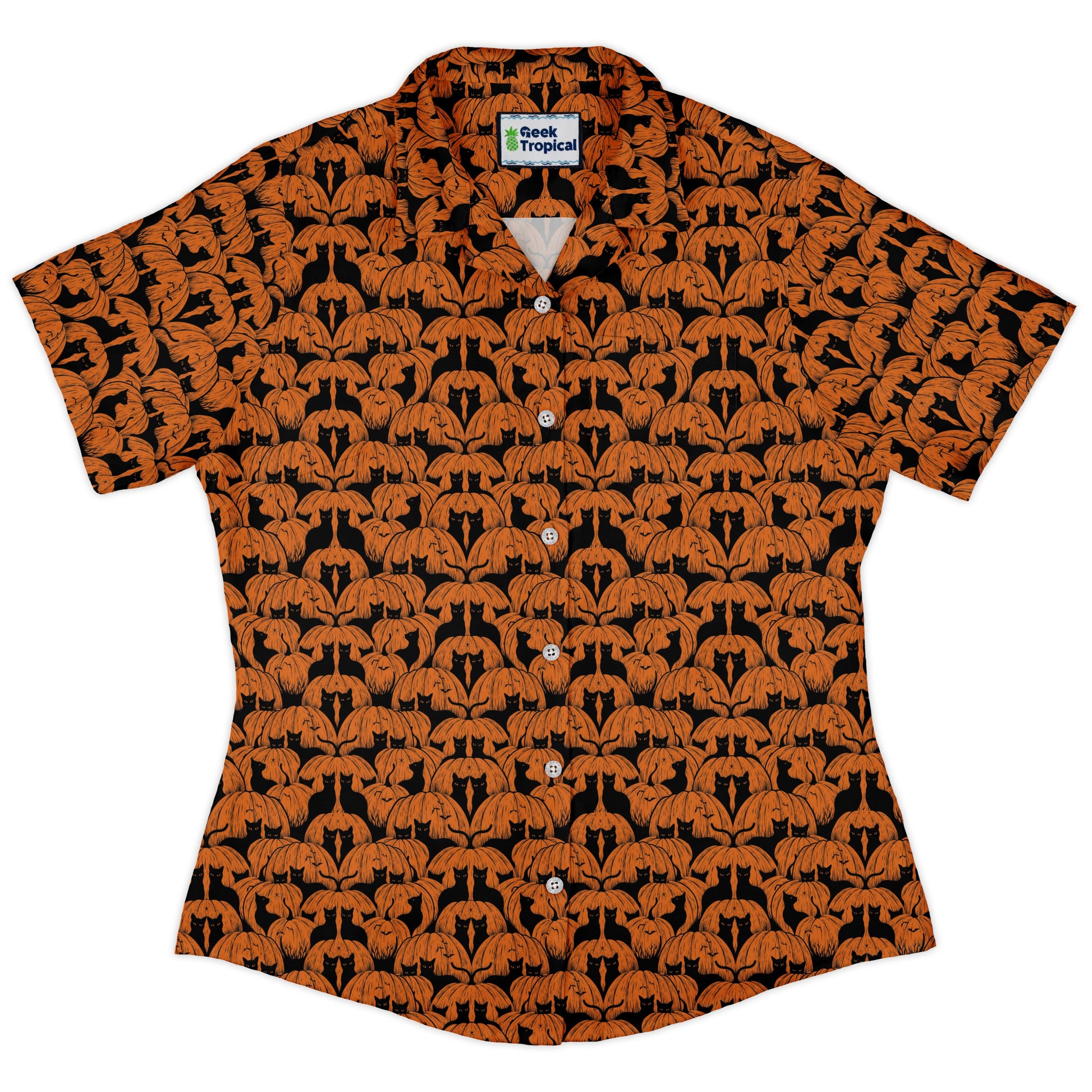 Pumpkin Cats Curvy Button Up Shirt womens front