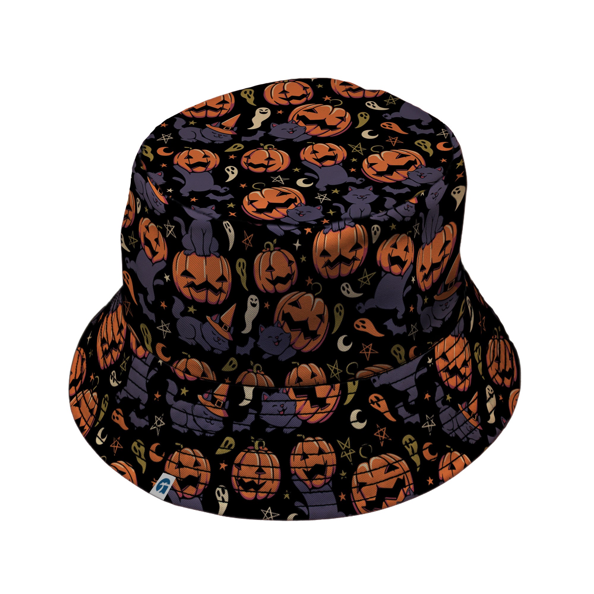 Pumpkin Field Black Cat Autumn Halloween Bucket Hat Black Stitching