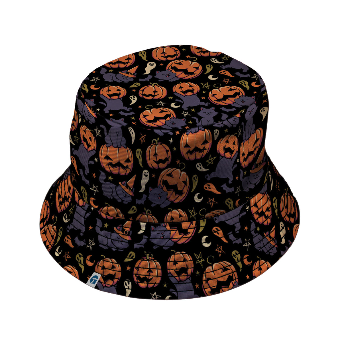 Pumpkin Field Black Cat Autumn Halloween Bucket Hat Black Stitching