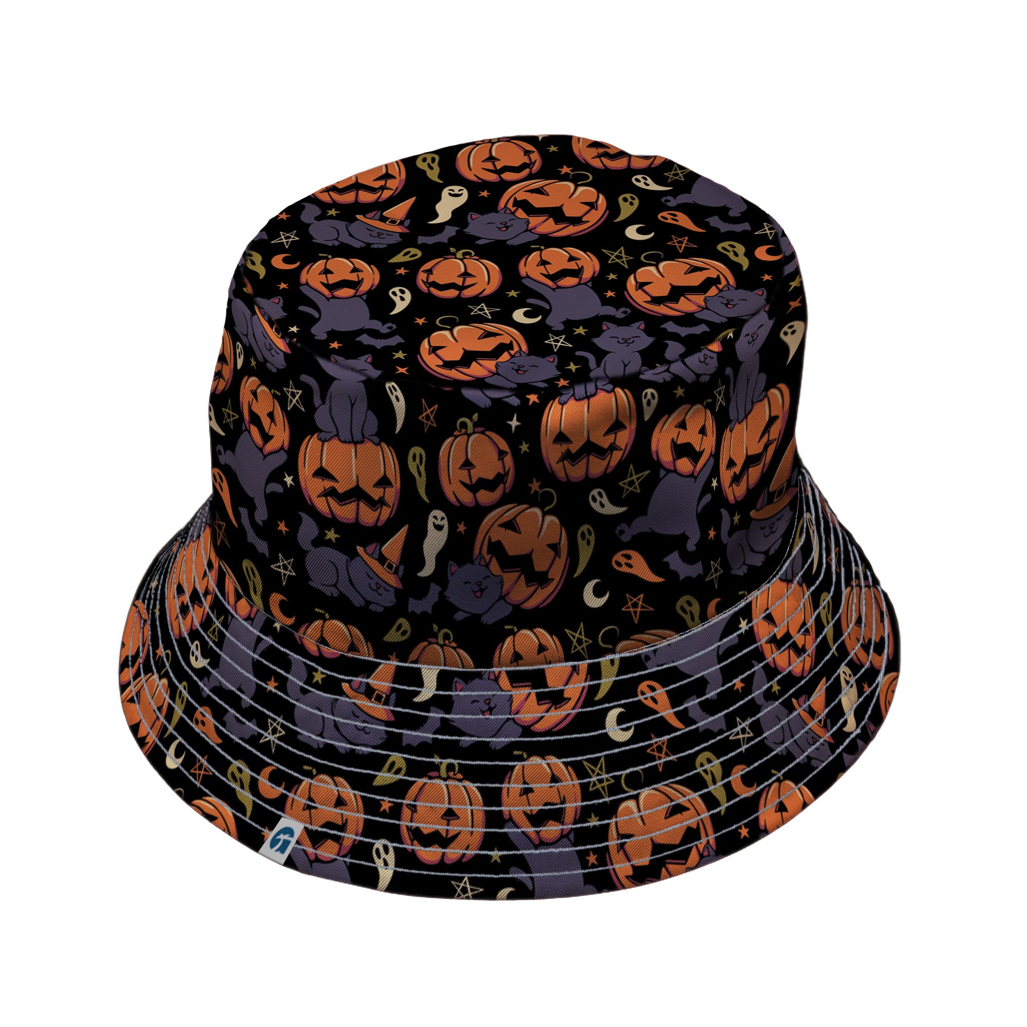 Pumpkin Field Black Cat Autumn Halloween Bucket Hat Gray Stitching
