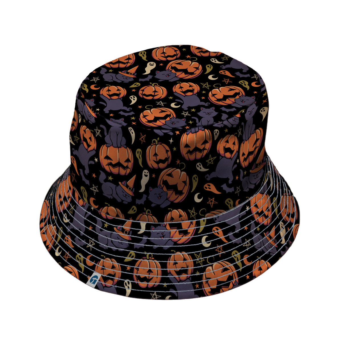 Pumpkin Field Black Cat Autumn Halloween Bucket Hat Gray Stitching