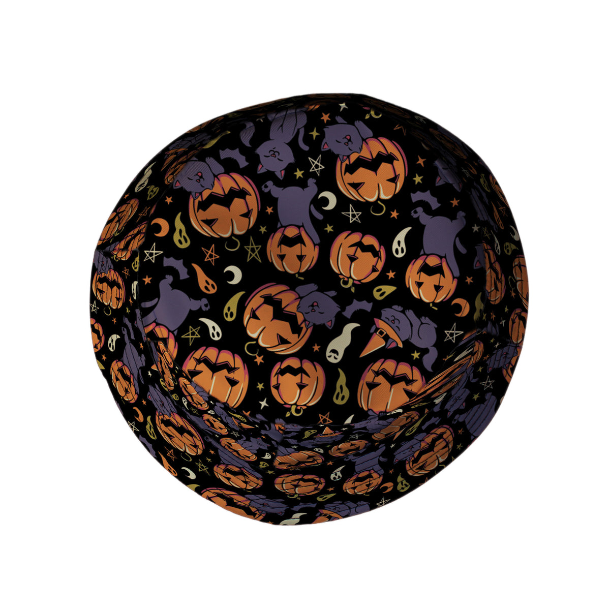 Pumpkin Field Black Cat Autumn Halloween Bucket Hat Top View