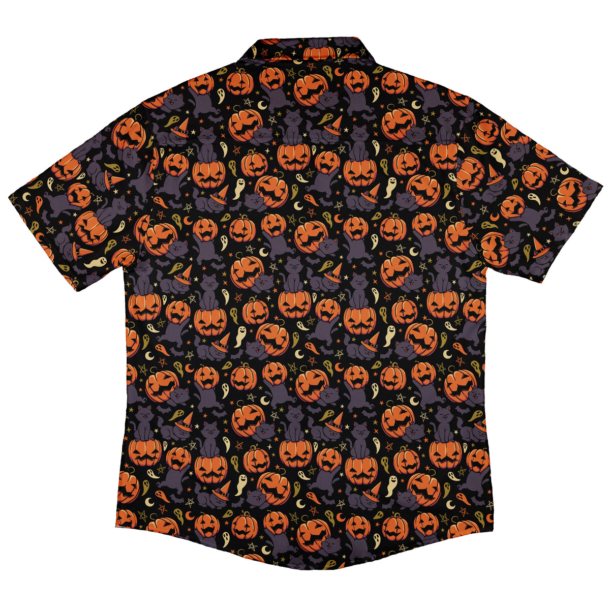 Pumpkin Field Black Cat Autumn Halloween Button Up Shirt Back