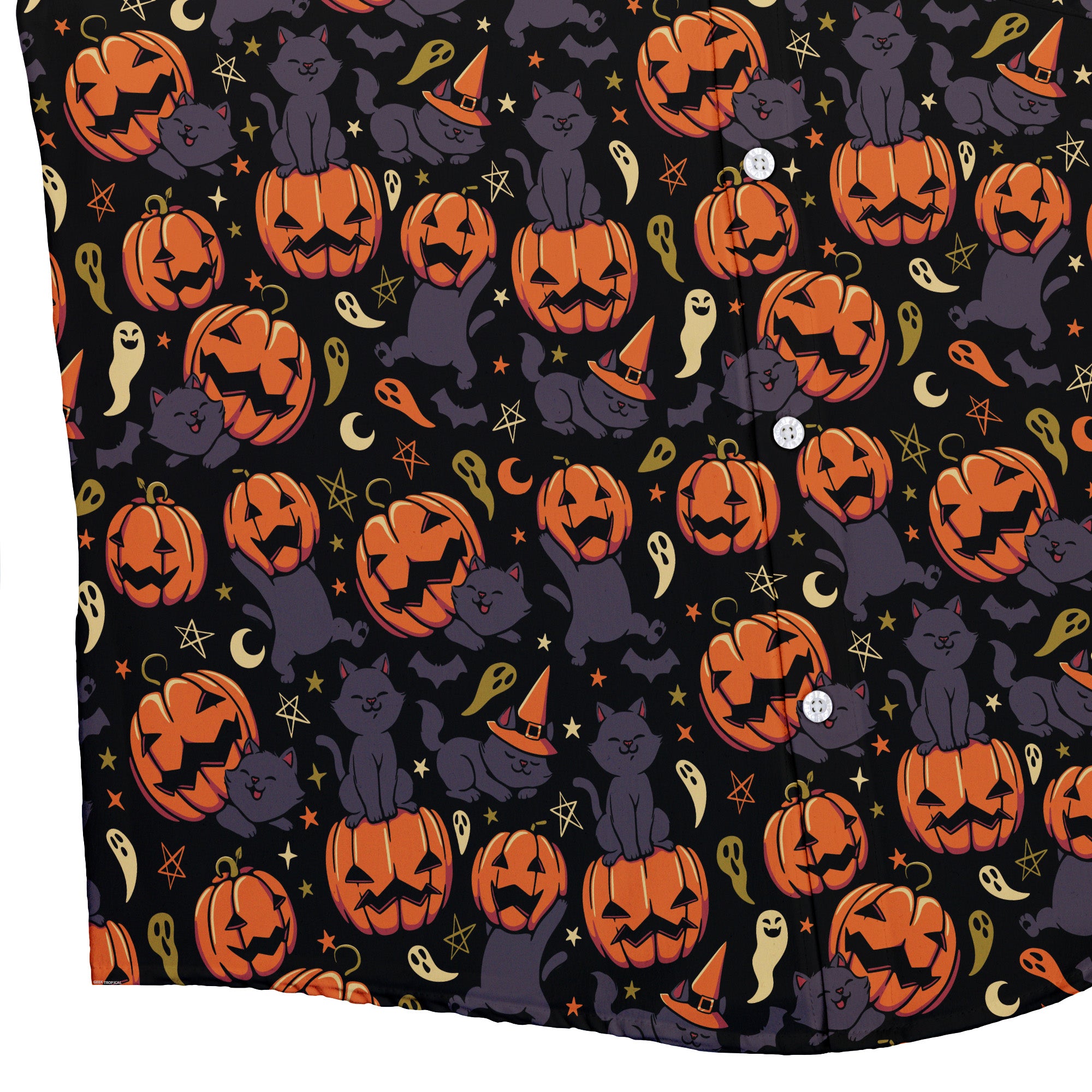 Pumpkin Field Black Cat Autumn Halloween Button Up Shirt Bottom Corner