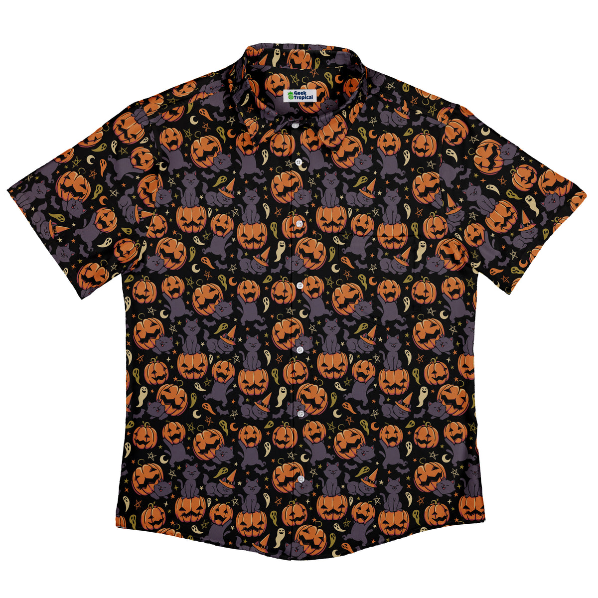 Pumpkin Field Black Cat Autumn Halloween Button Up Shirt Flat Front