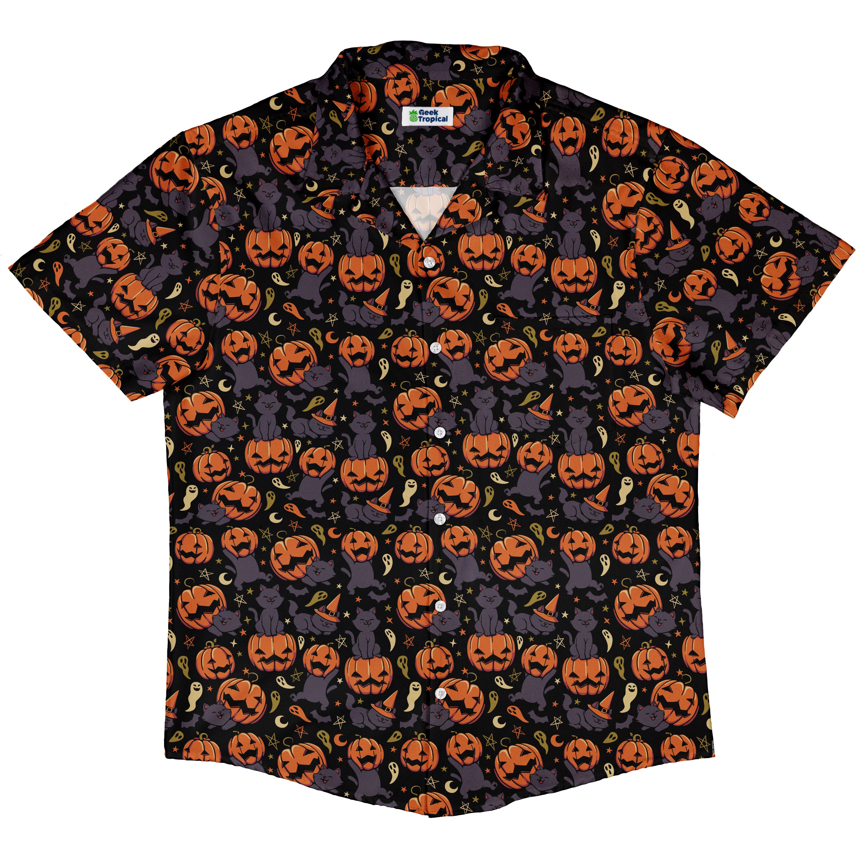 Pumpkin Field Black Cat Autumn Halloween Button Up Shirt Hawaiian Front
