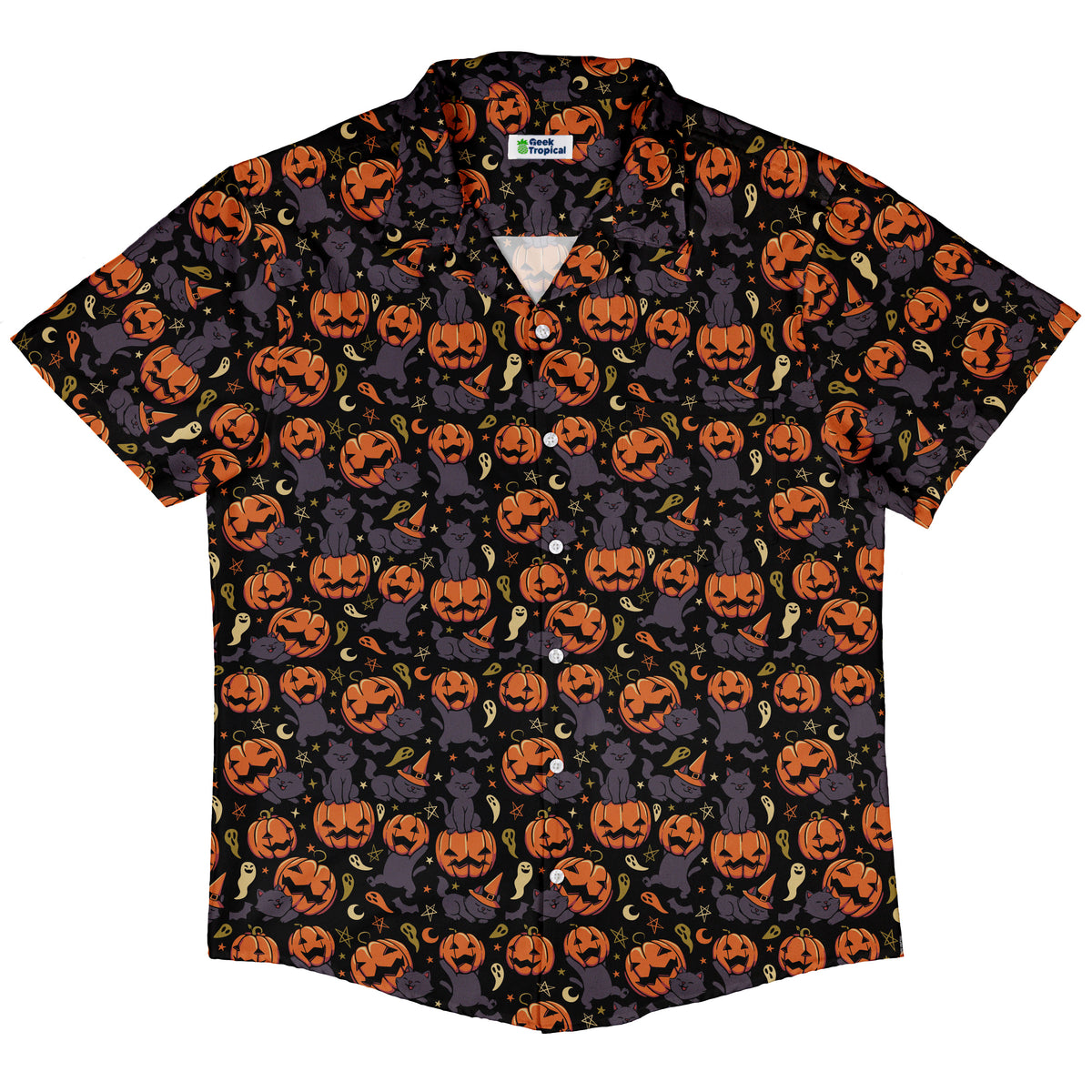 Pumpkin Field Black Cat Autumn Halloween Button Up Shirt Hawaiian Front