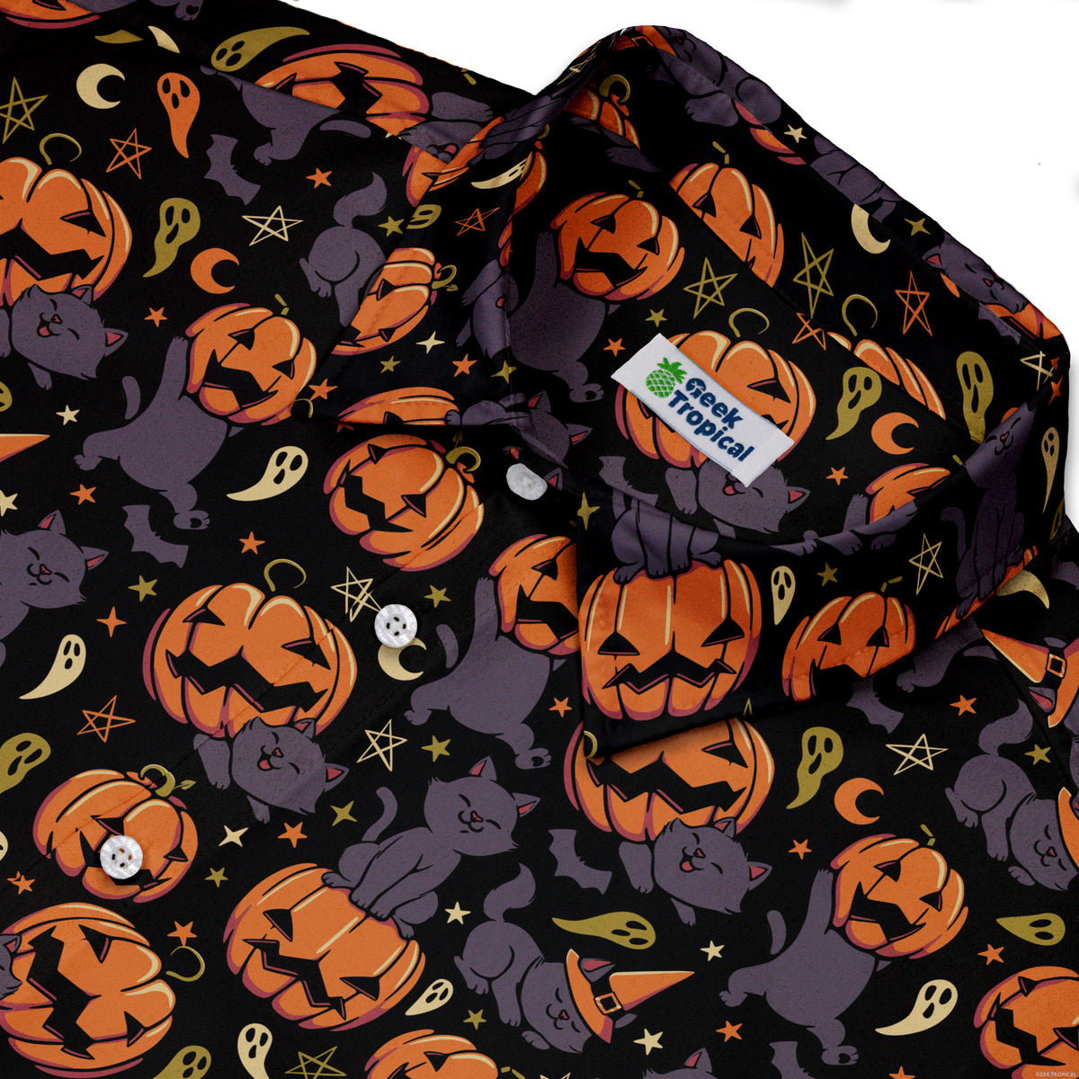 Pumpkin Field Black Cat Autumn Halloween Button Up Shirt Neck
