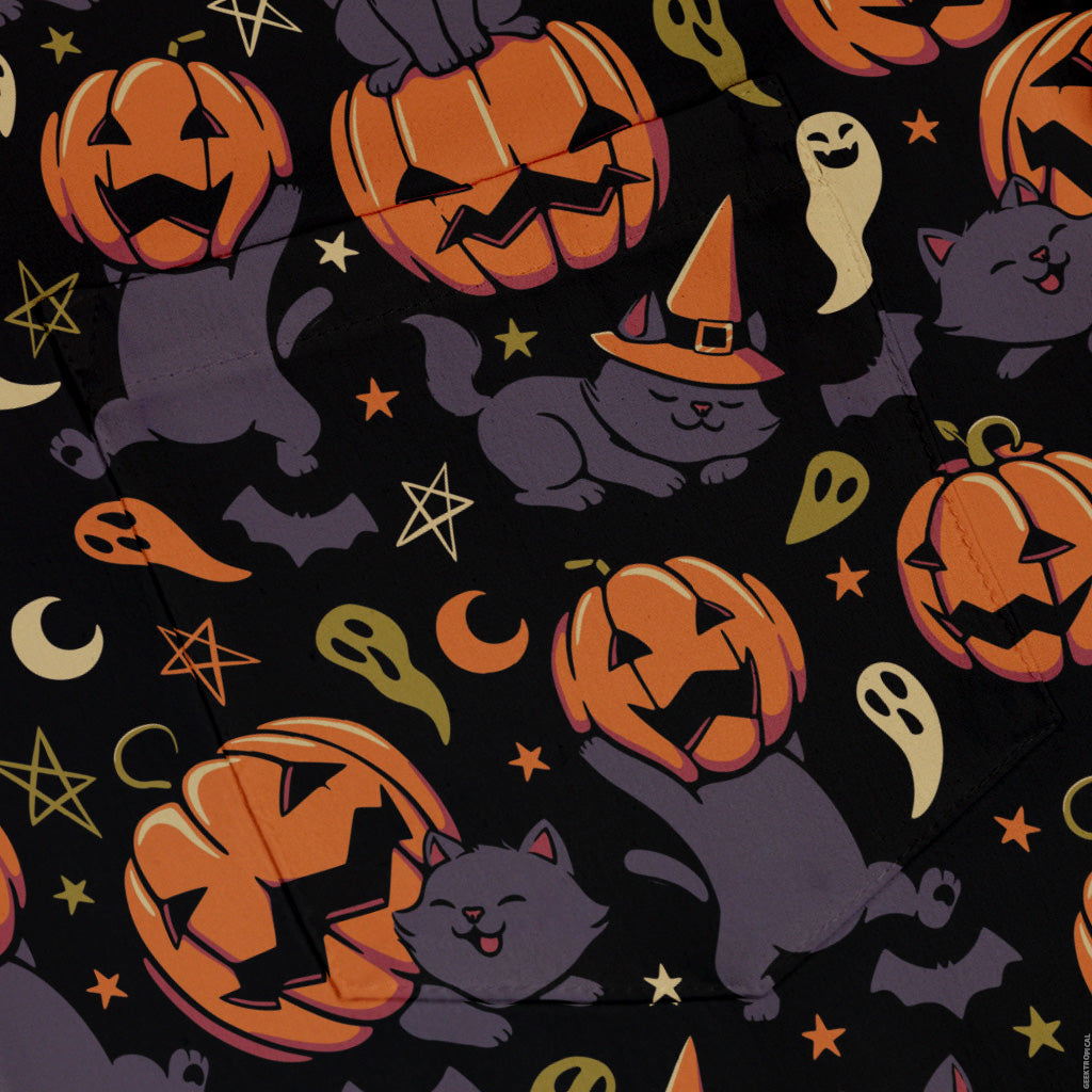 Pumpkin Field Black Cat Autumn Halloween Button Up Shirt Pocket