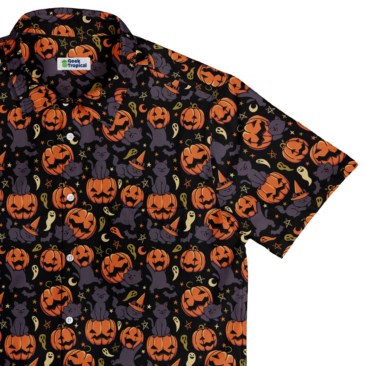 Pumpkin Field Black Cat Autumn Halloween Button Up Shirt Top Corner