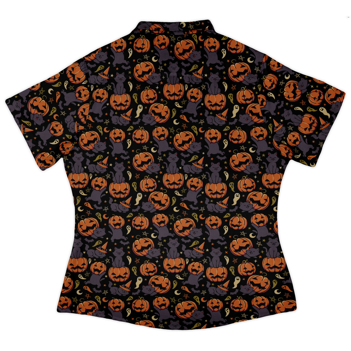 Pumpkin Field Black Cat Autumn Halloween Curvy Button Up Shirt womens back