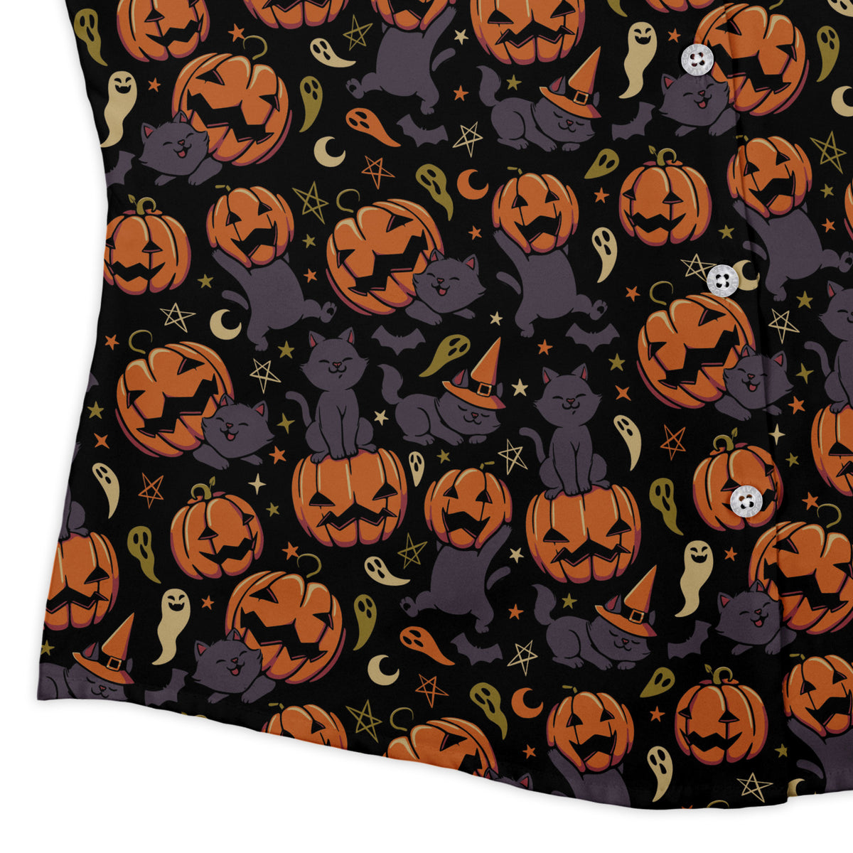 Pumpkin Field Black Cat Autumn Halloween Curvy Button Up Shirt womens corner